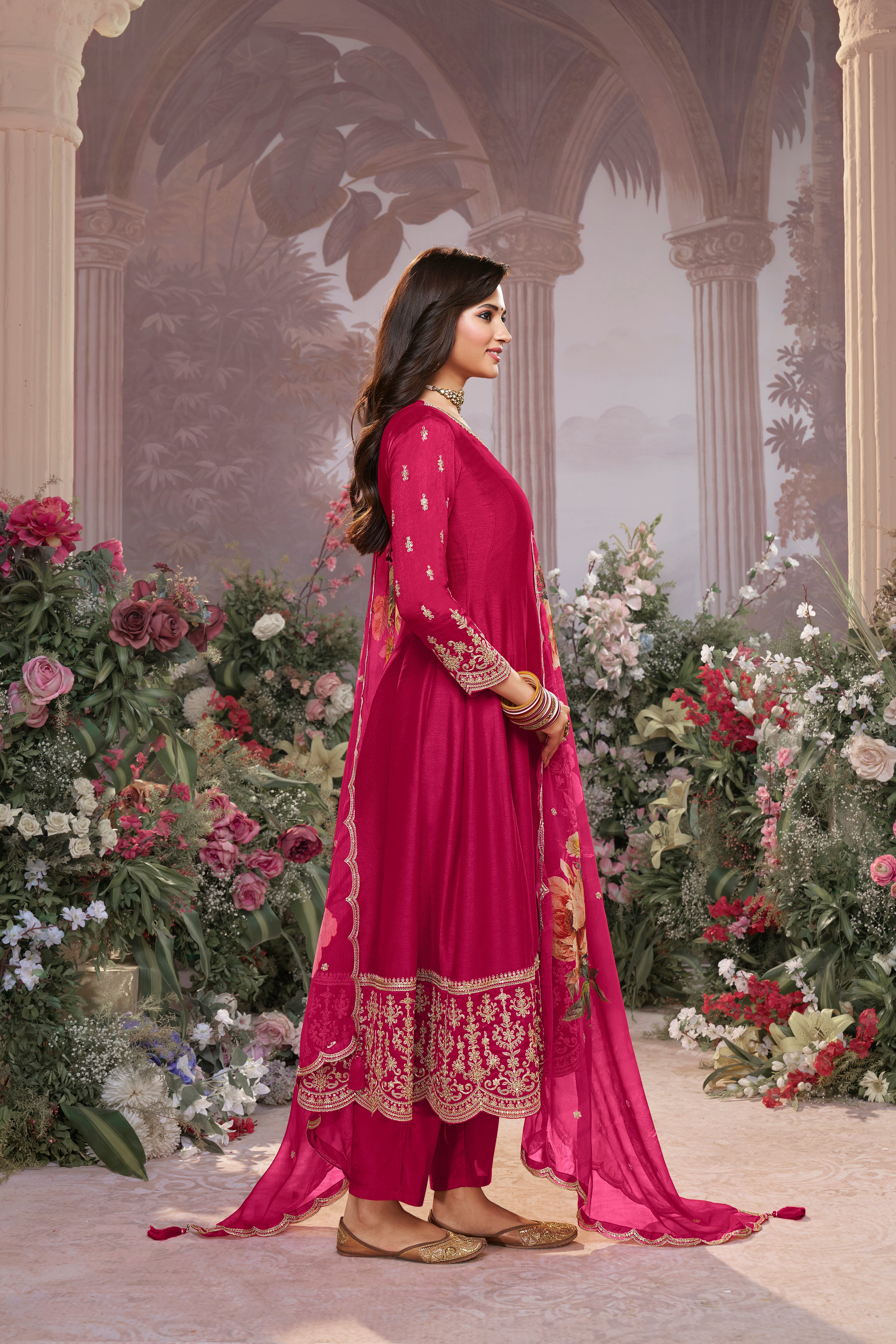 Queen Pink Embellished Raw Silk Anarkali Set
