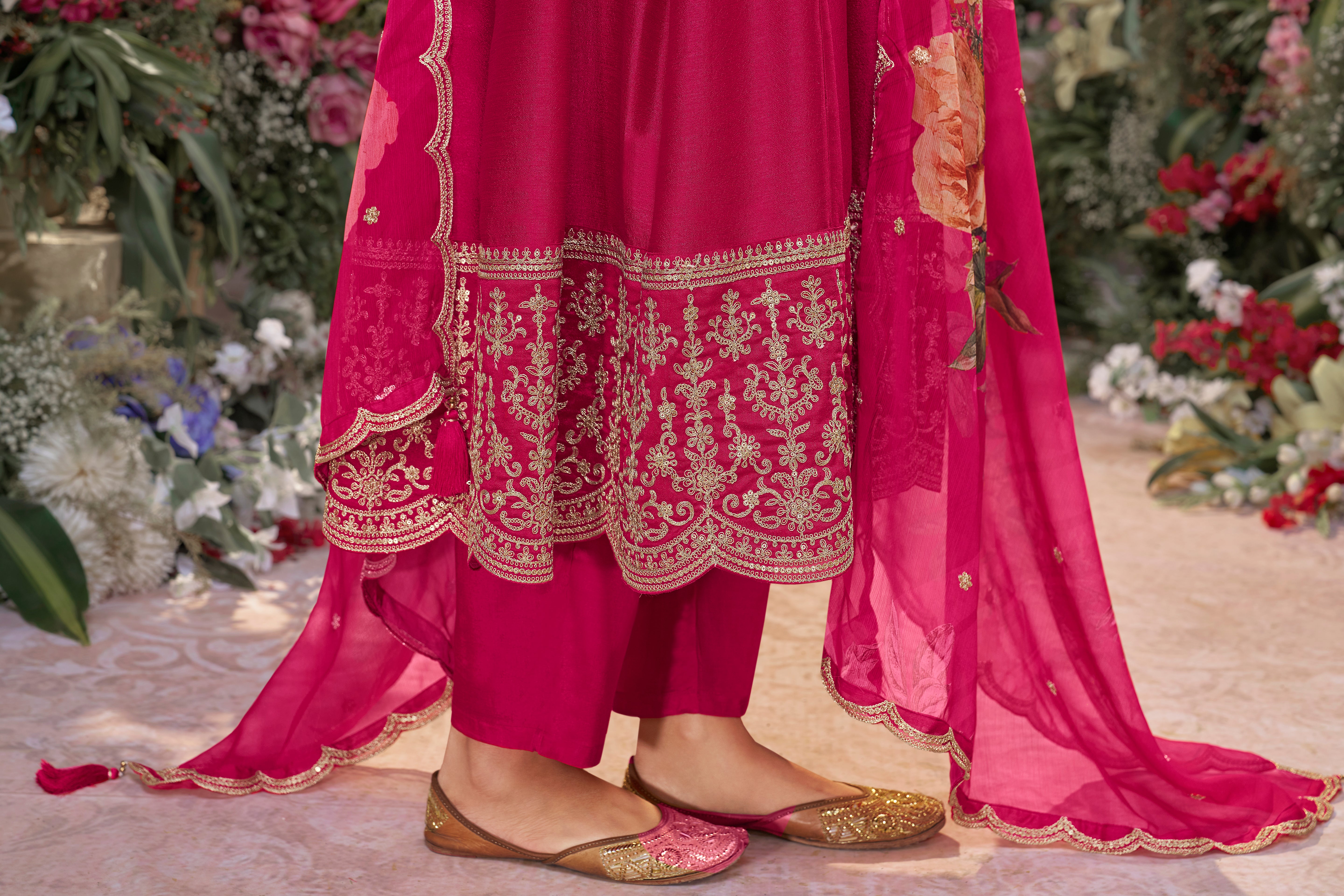 Queen Pink Embellished Raw Silk Anarkali Set