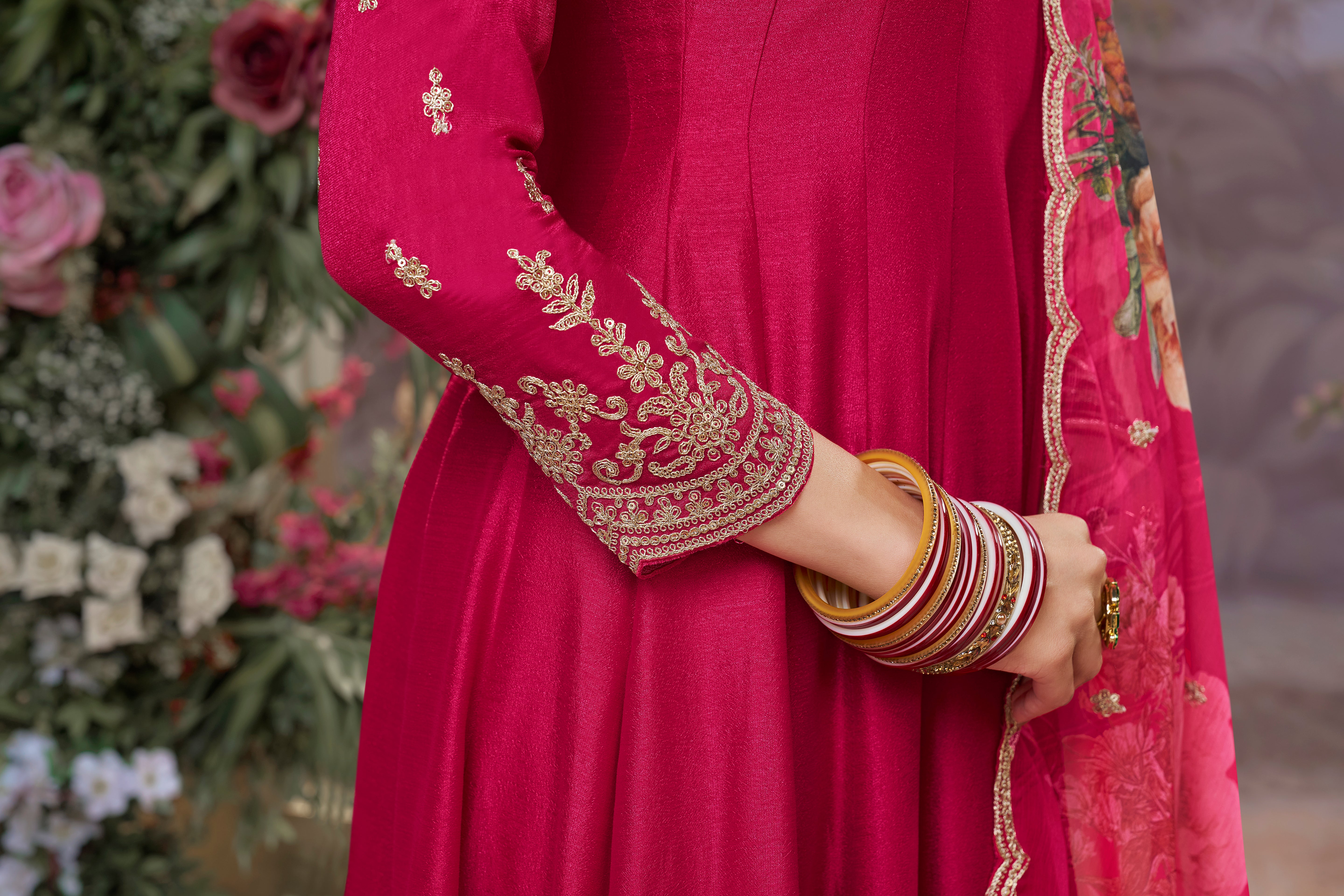 Queen Pink Embellished Raw Silk Anarkali Set