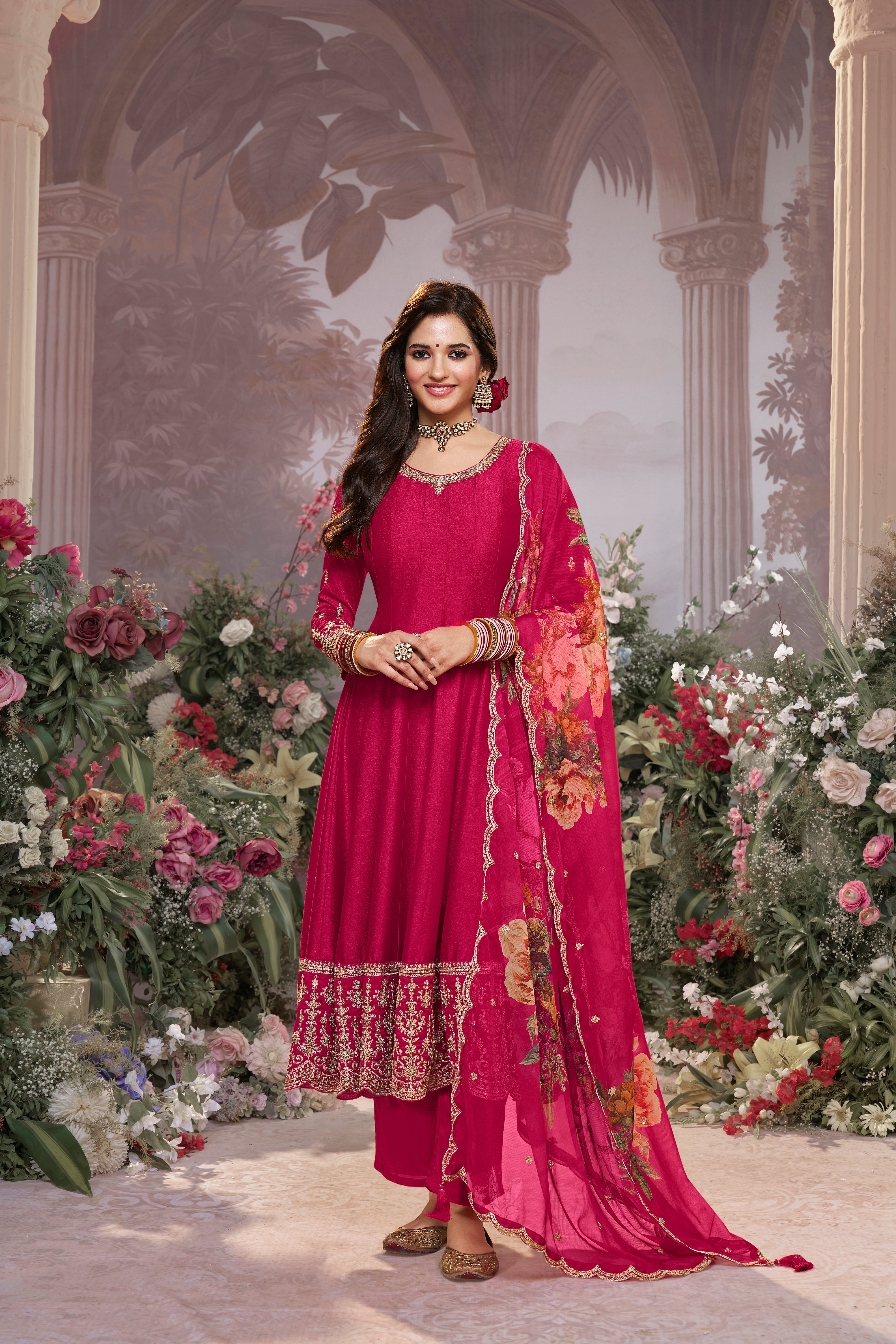Queen Pink Embellished Raw Silk Anarkali Set