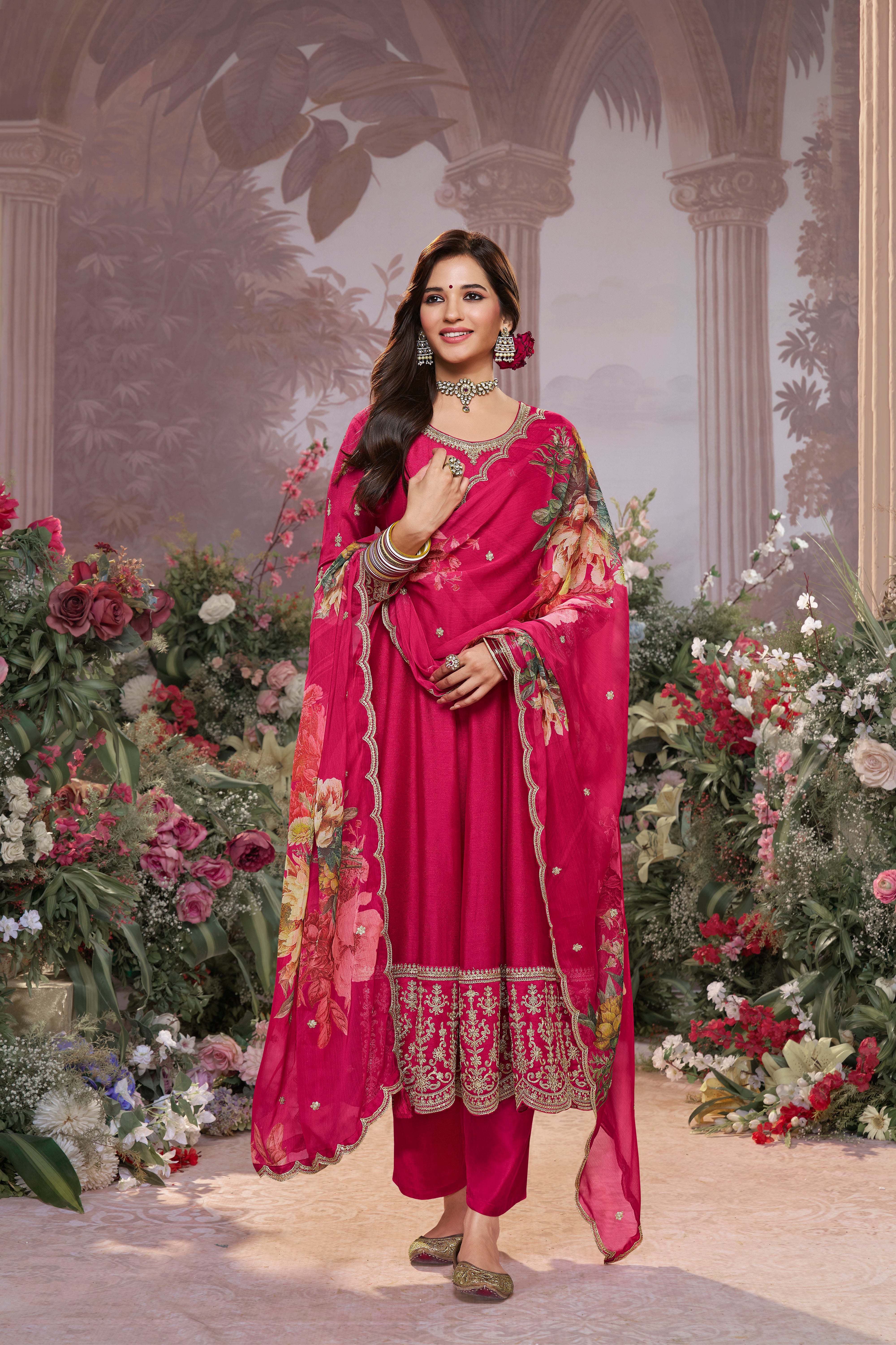 Queen Pink Embellished Raw Silk Anarkali Set