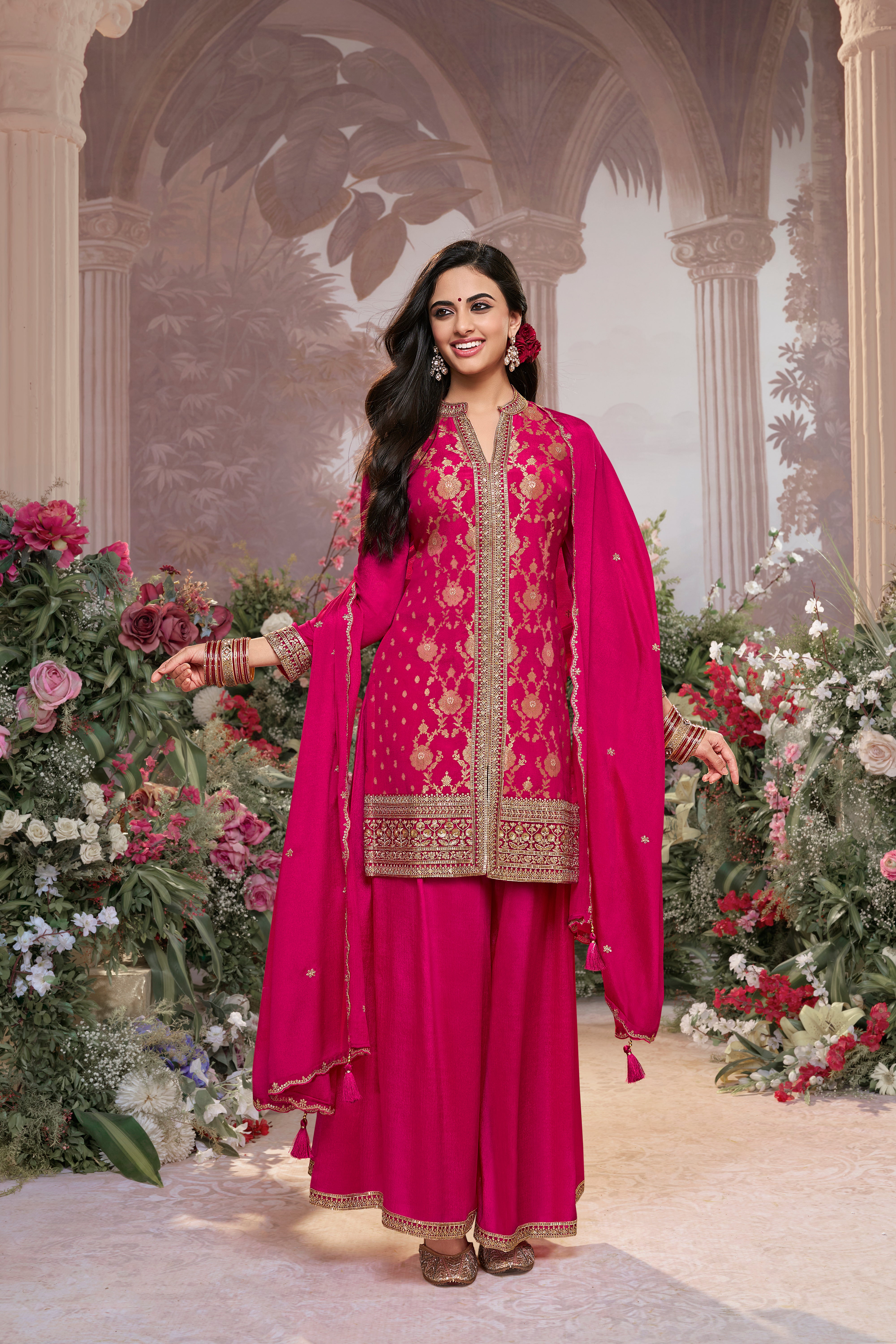 Deep Pink Embellished Brocade Silk Palazzo Set