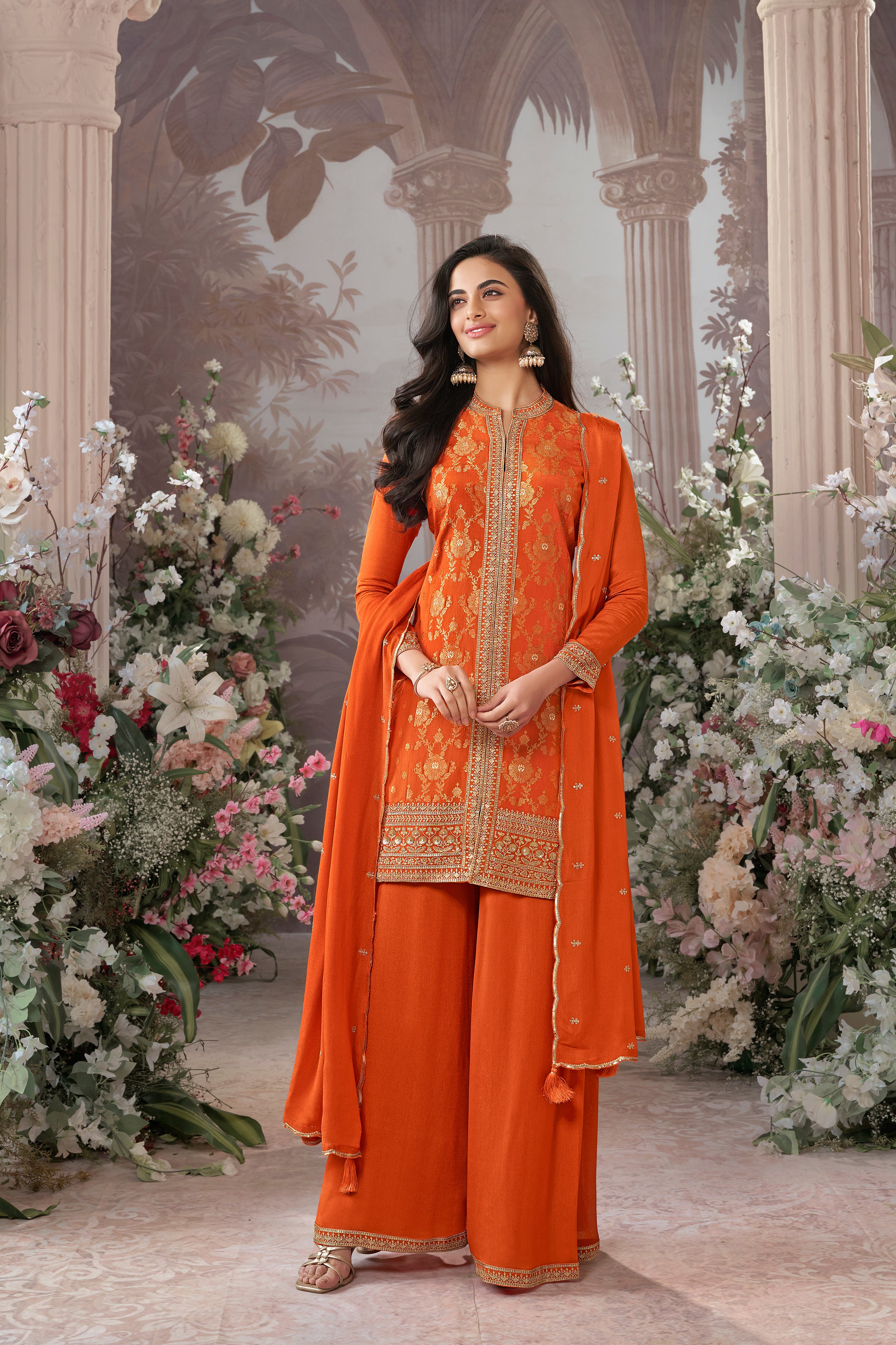 Bright Orange Embellished Premium Silk Palazzo Set