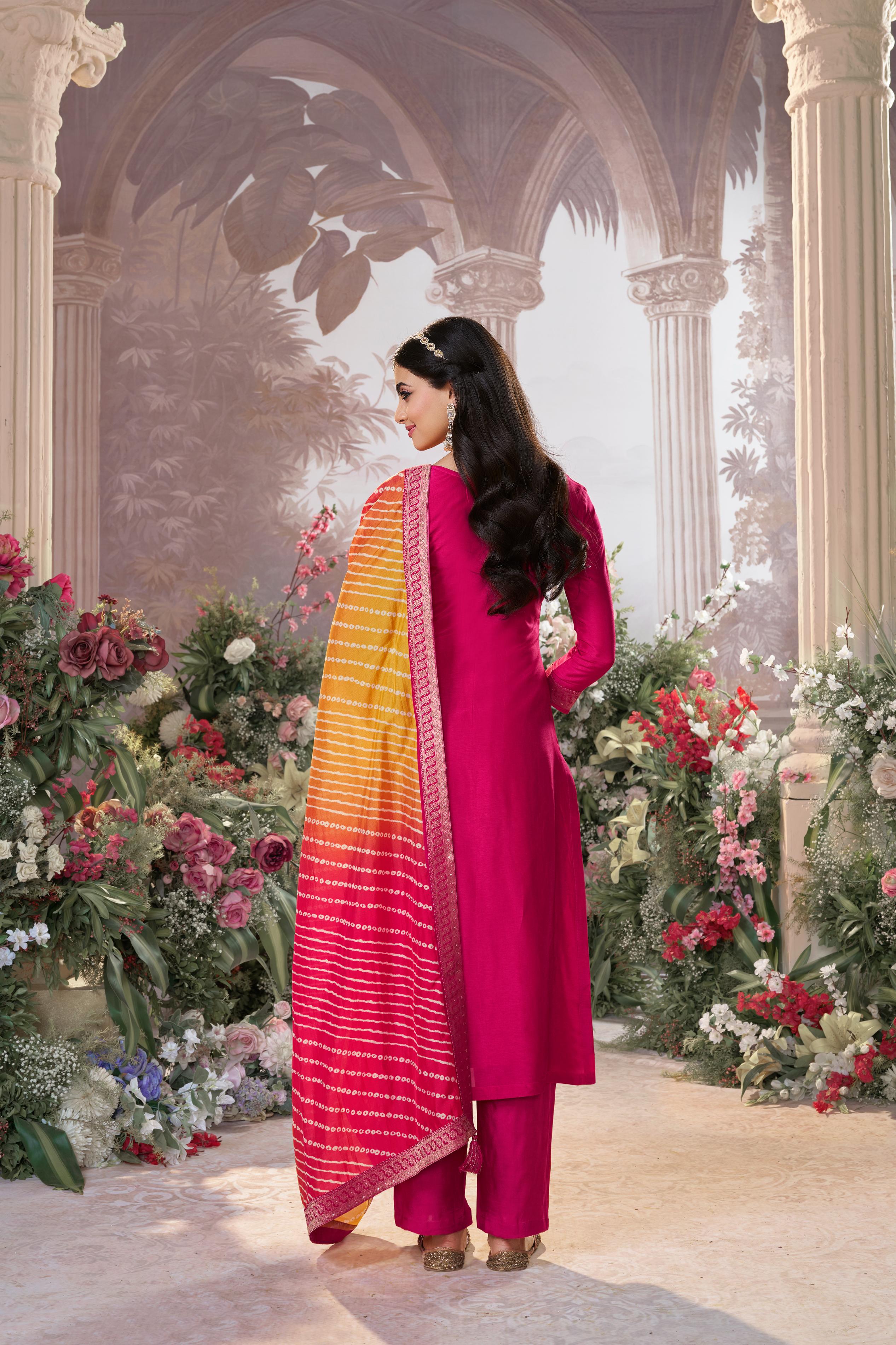 Fuchsia Pink Embroidered Kurta Pant Set