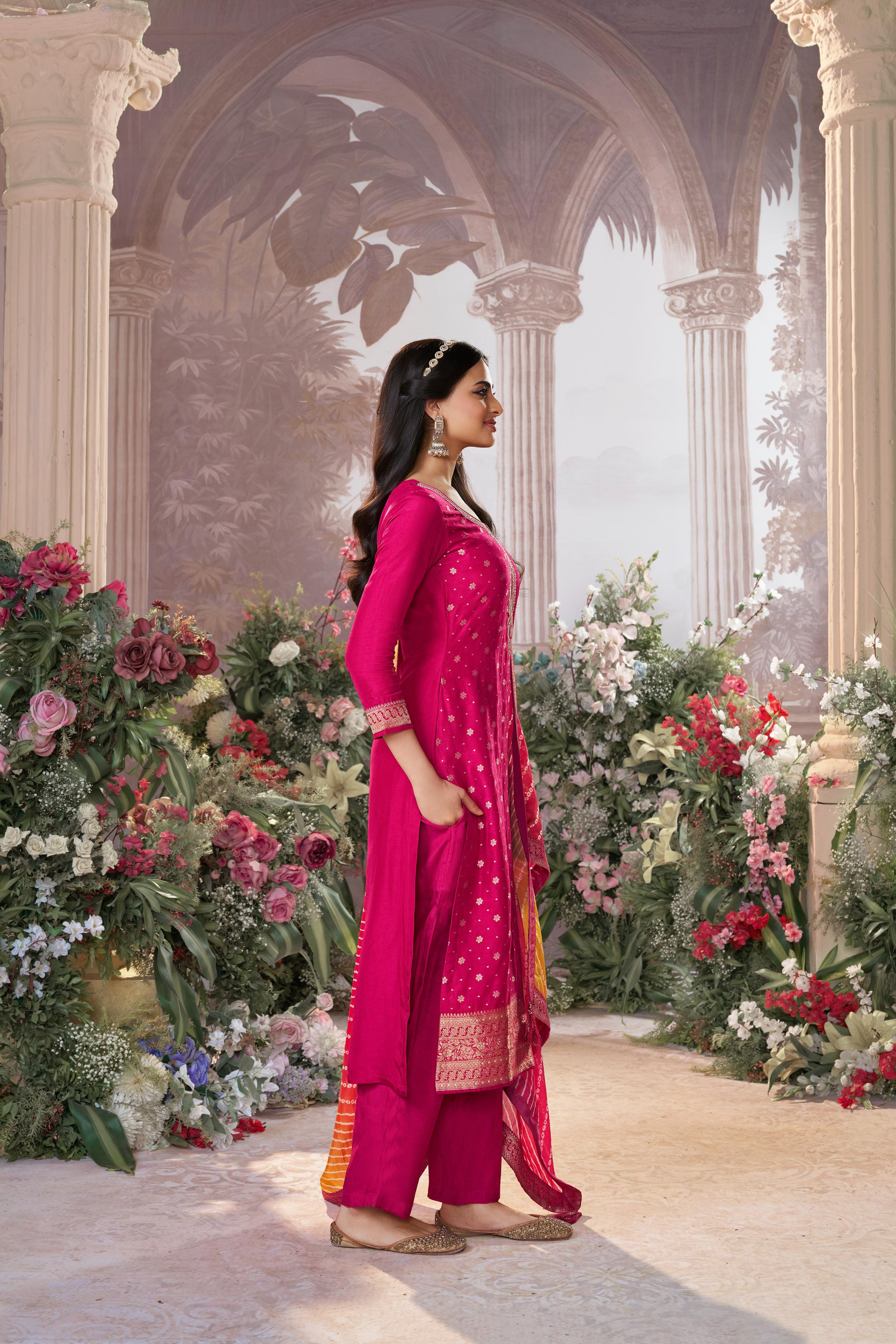 Fuchsia Pink Embroidered Kurta Pant Set
