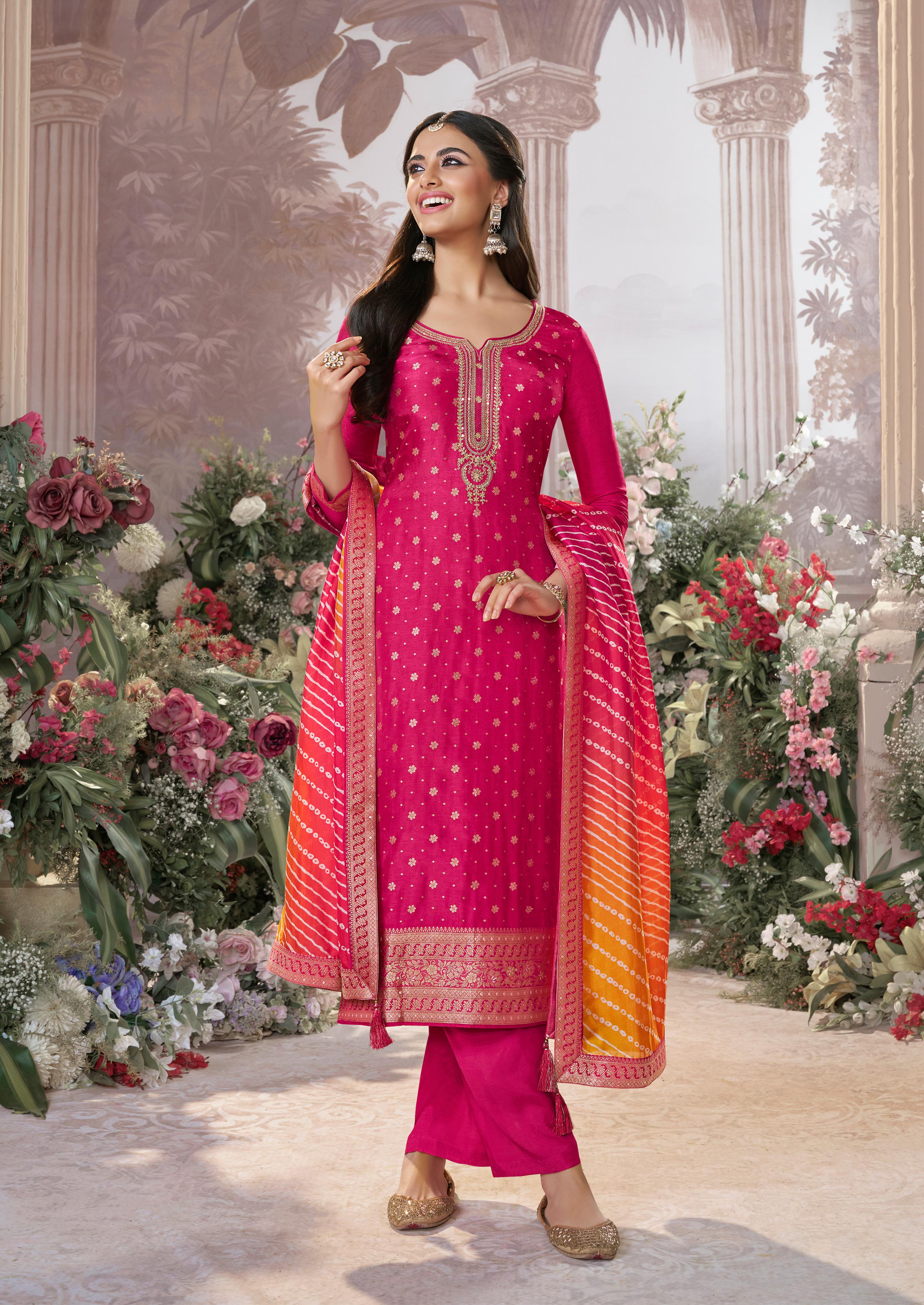 Fuchsia Pink Embroidered Kurta Pant Set