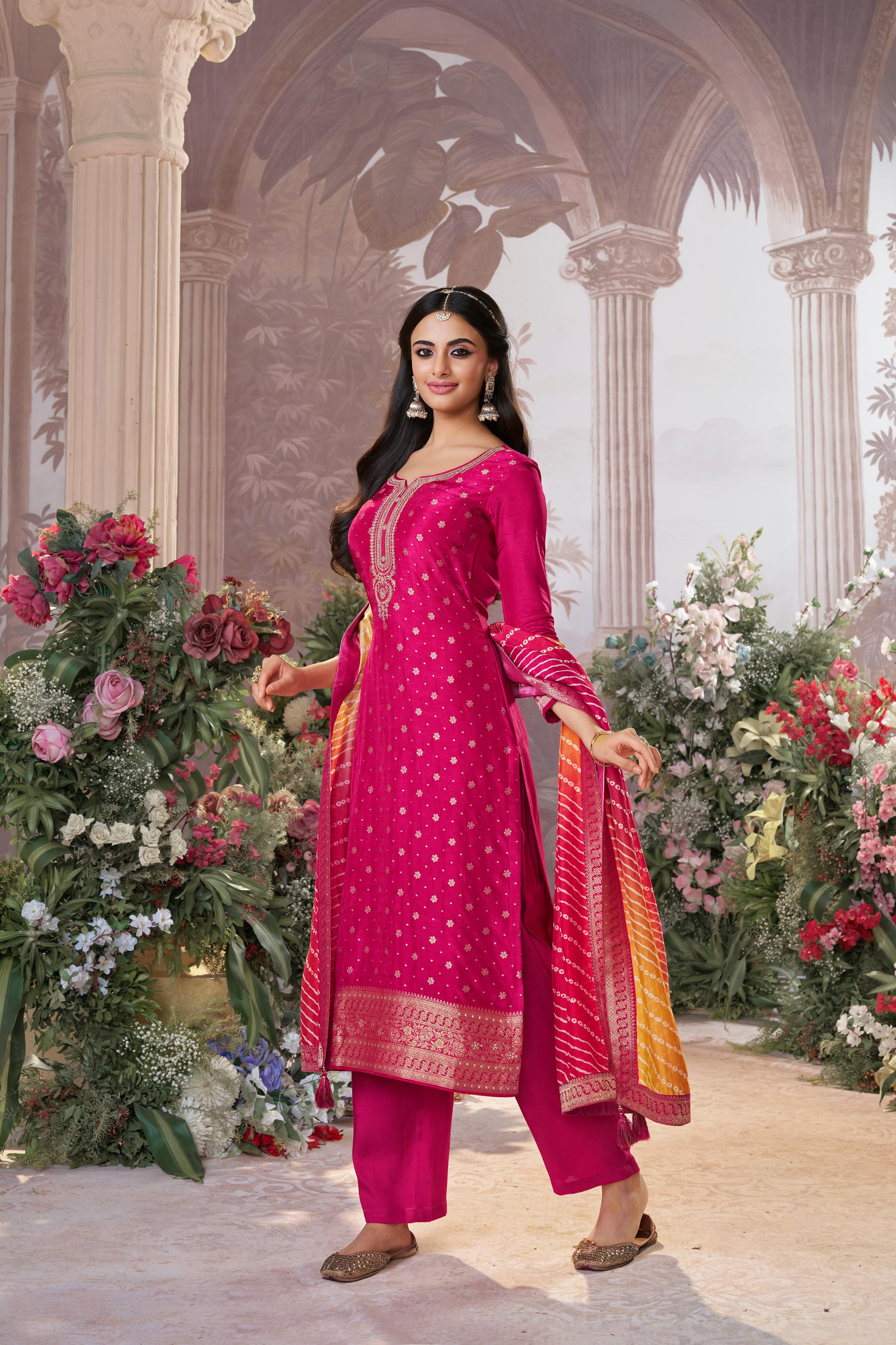 Fuchsia Pink Embroidered Kurta Pant Set