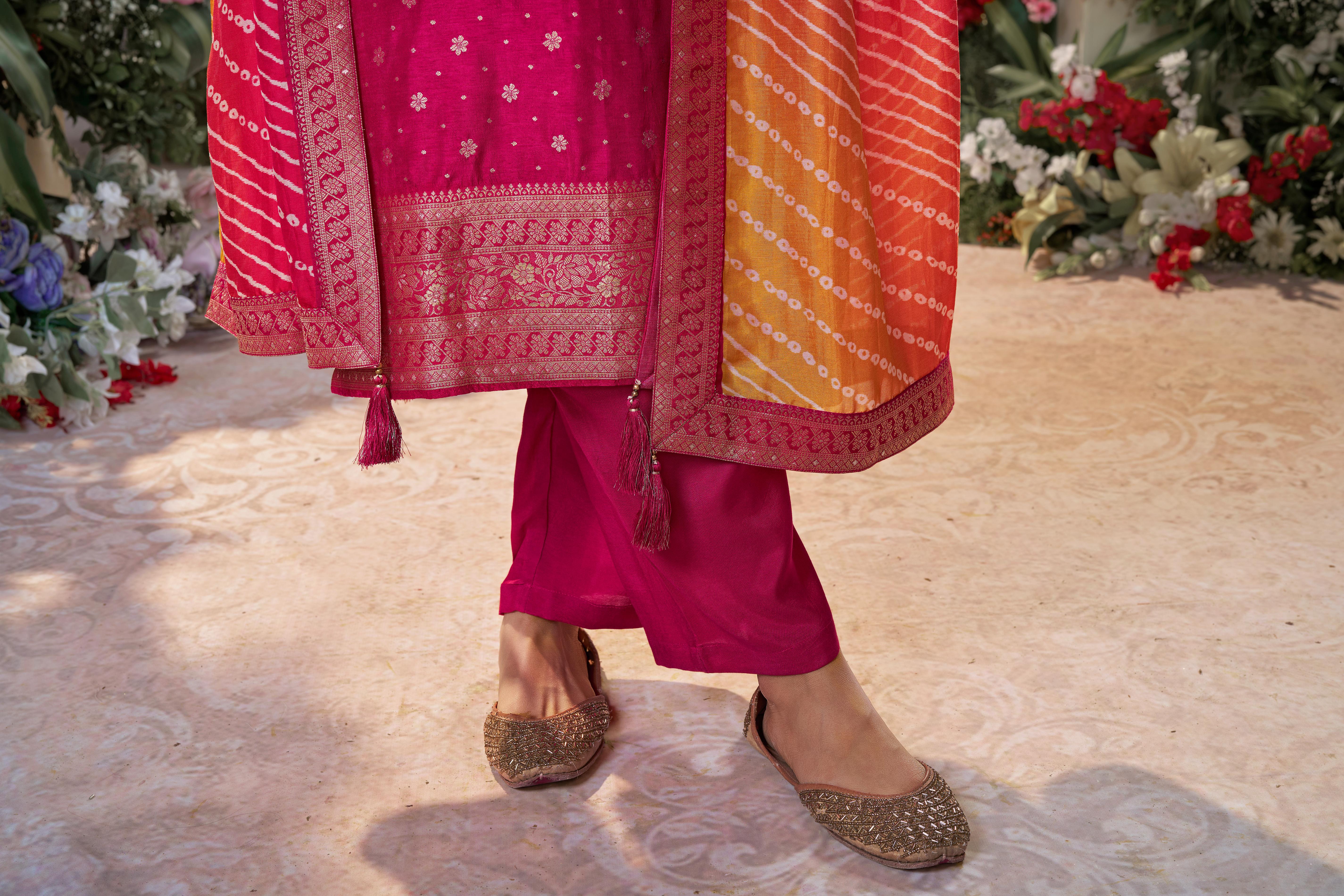 Fuchsia Pink Embroidered Kurta Pant Set