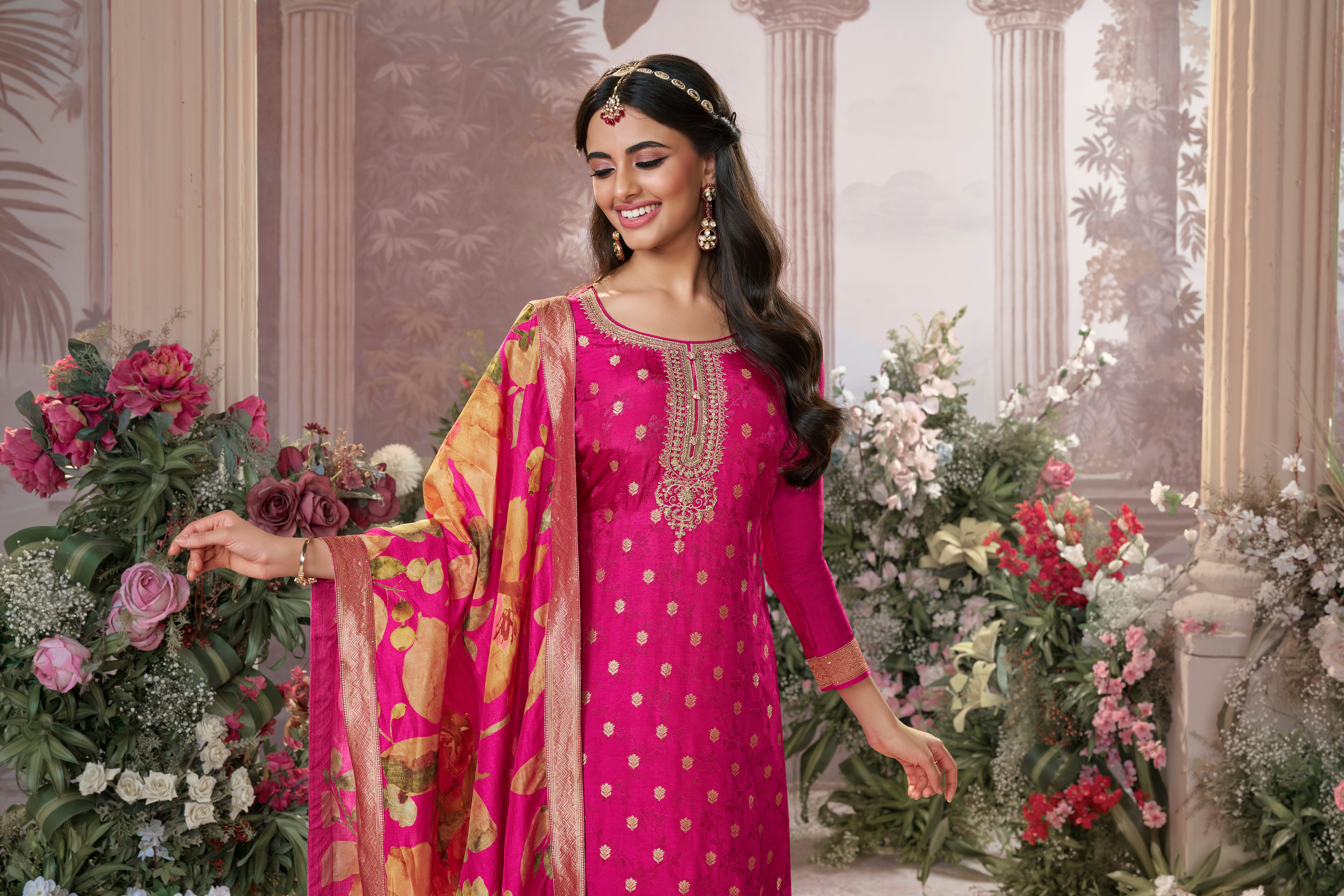 Magenta Pink Embellished Premium Silk Palazzo Set