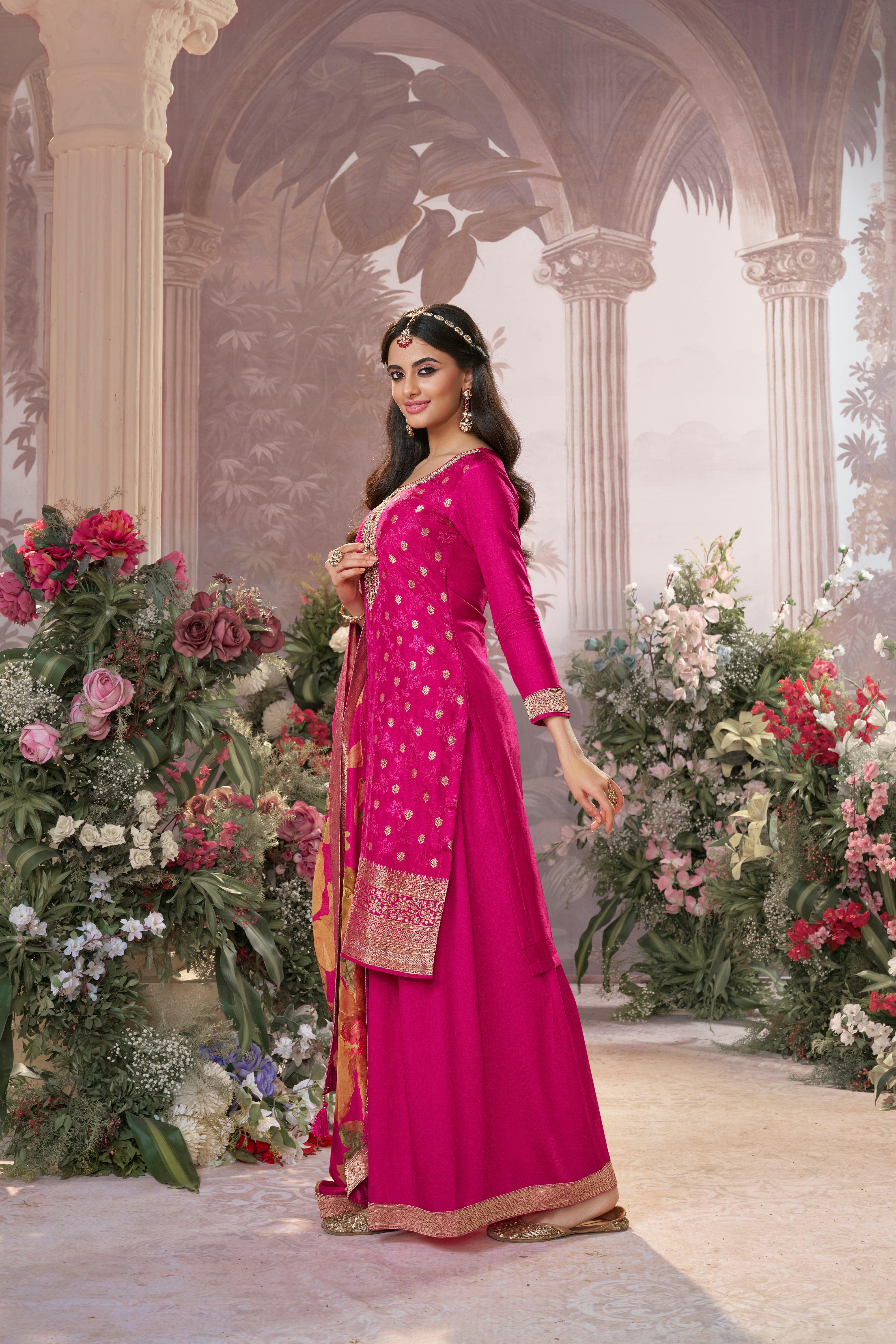 Magenta Pink Embellished Premium Silk Palazzo Set
