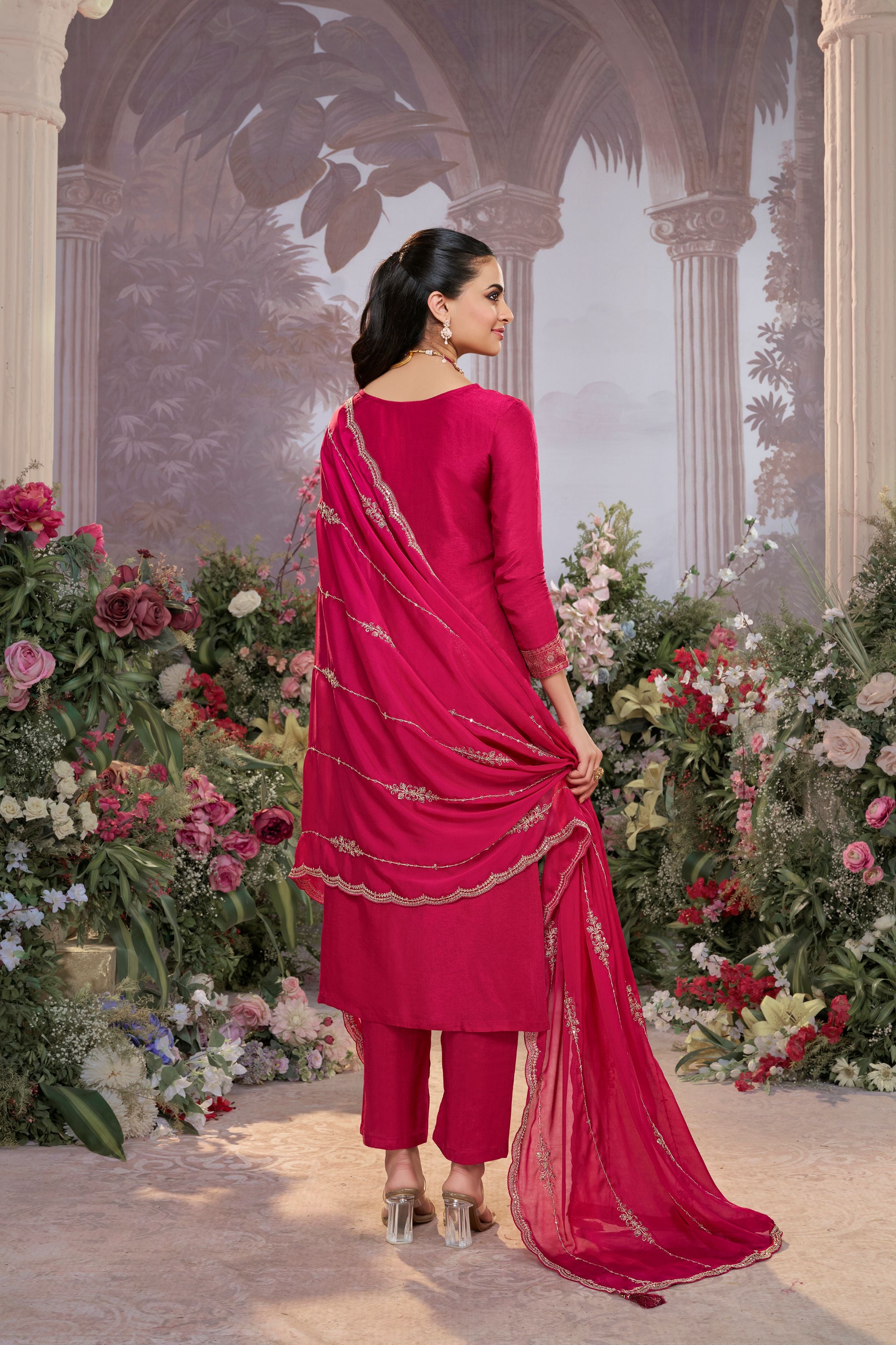 Deep Pink Embellished Premium Silk Pant Set