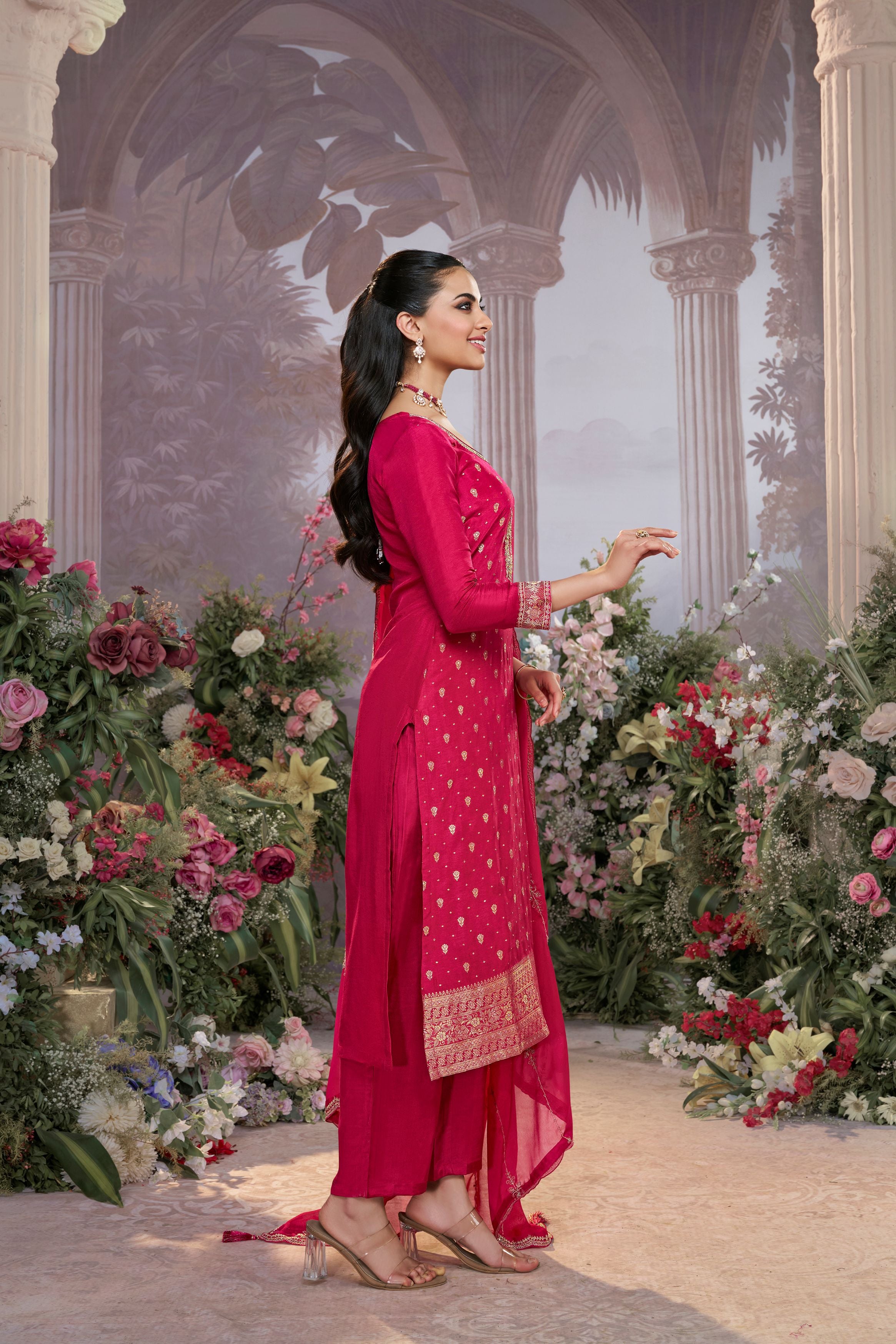Deep Pink Embellished Premium Silk Pant Set