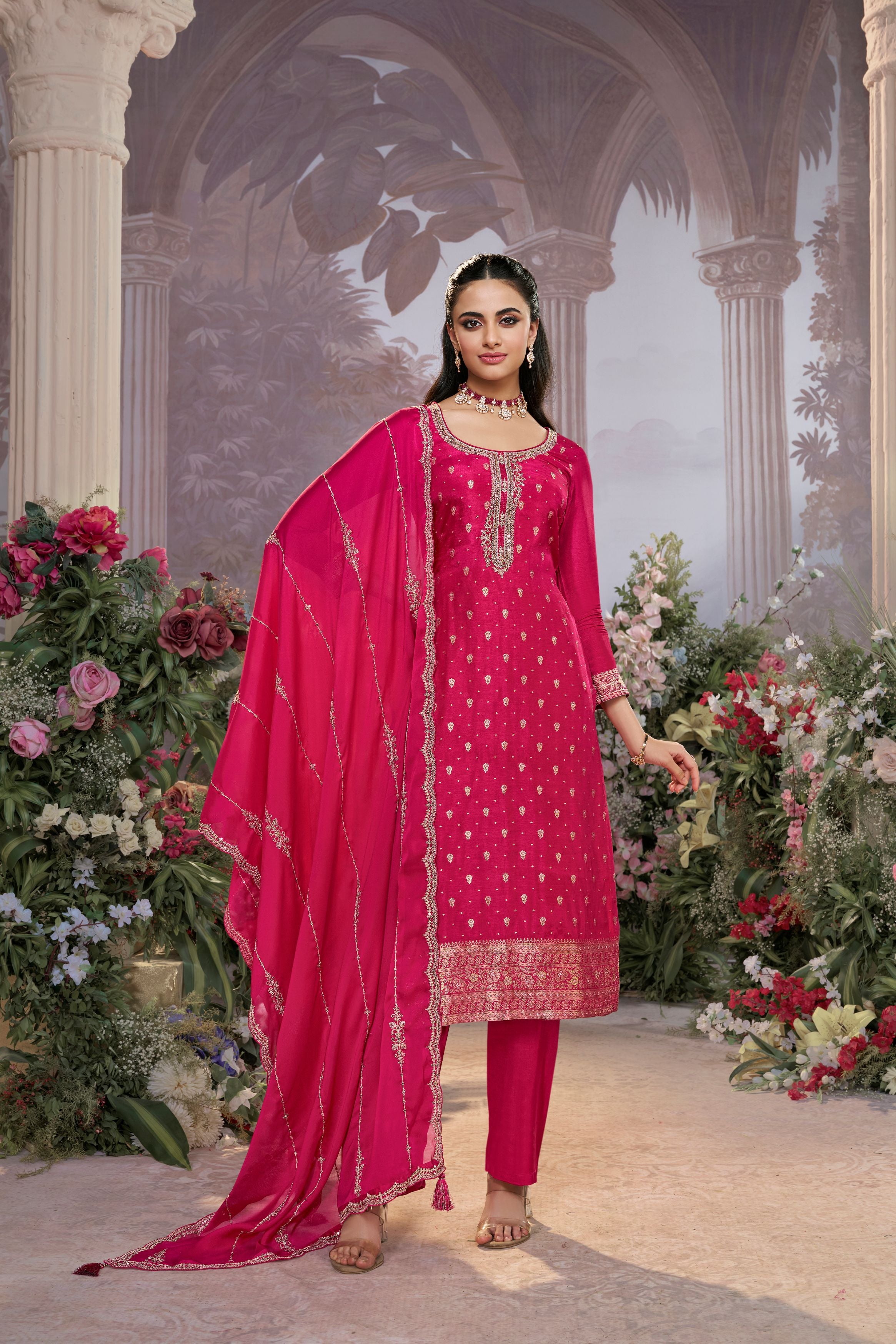 Deep Pink Embellished Premium Silk Pant Set
