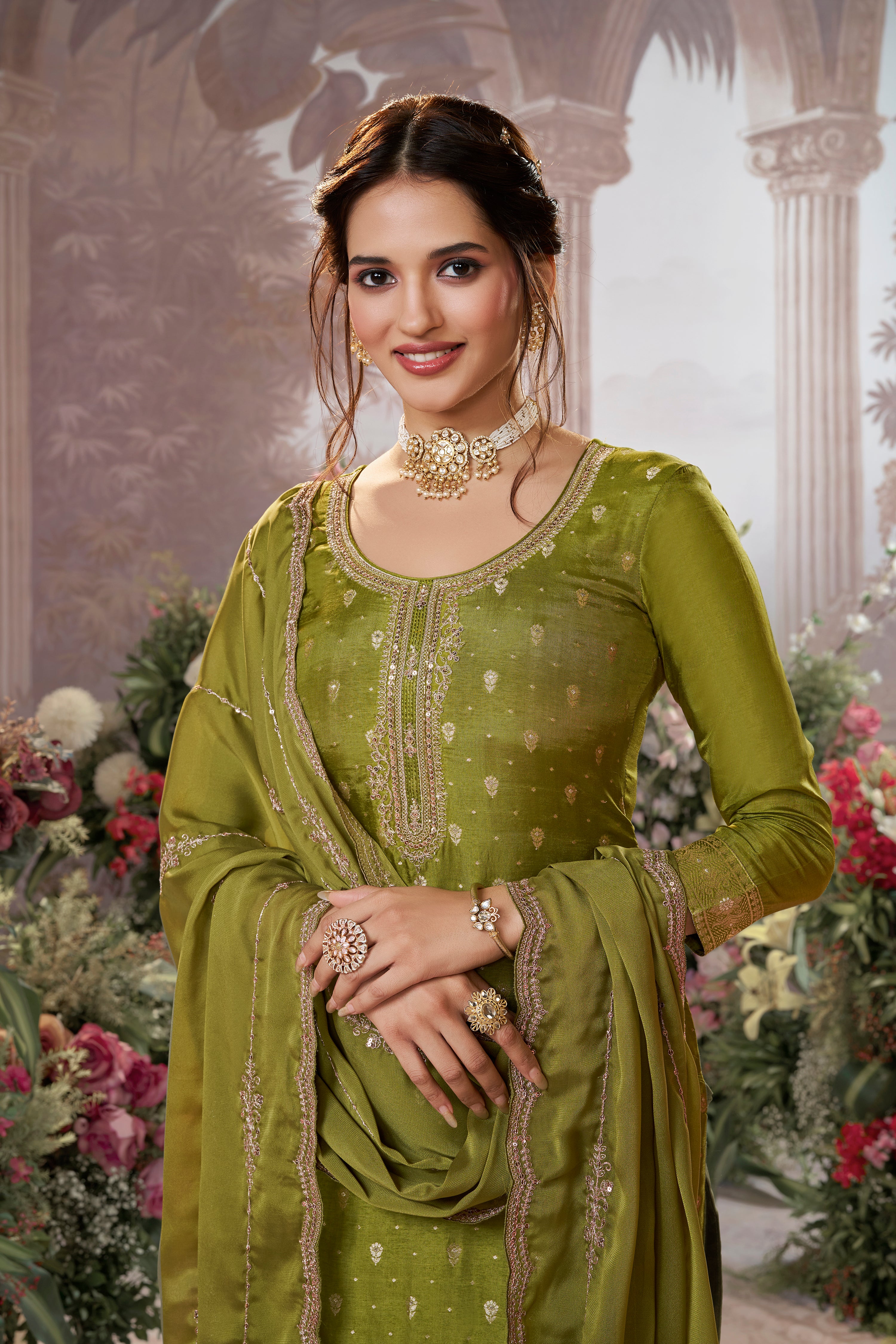 Olive Green Embellished Premium Silk Pant Set