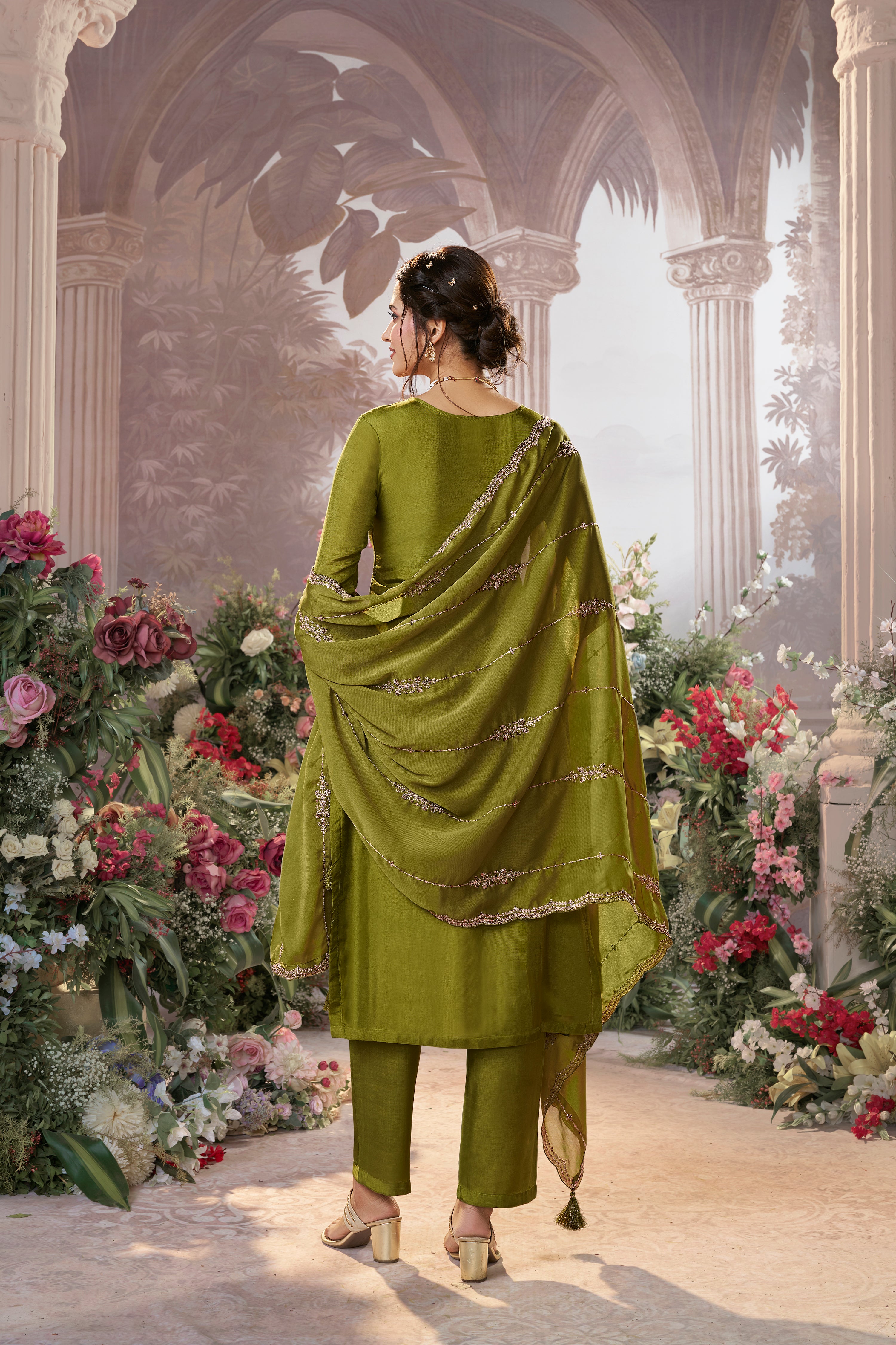 Olive Green Embellished Premium Silk Pant Set