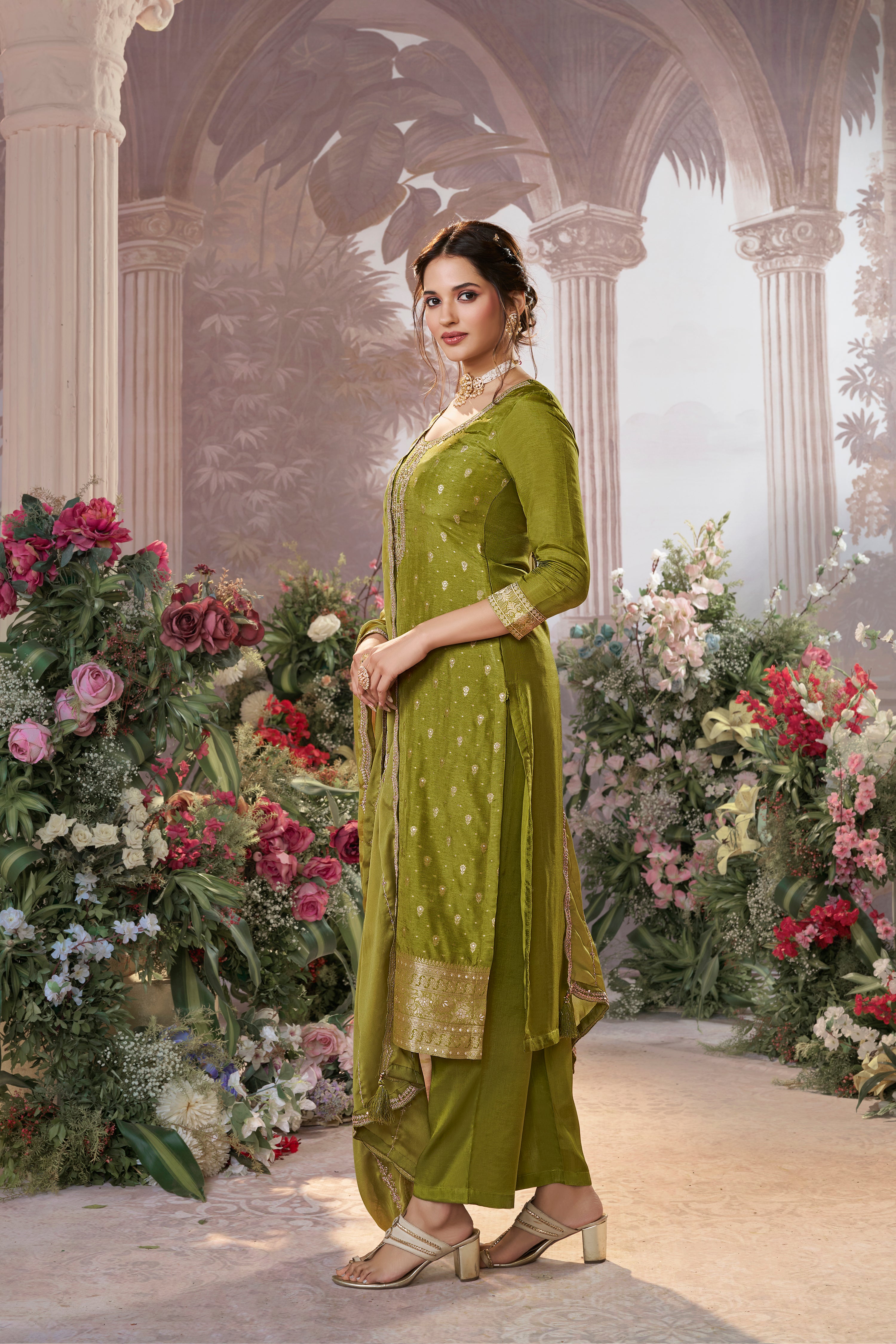 Olive Green Embellished Premium Silk Pant Set
