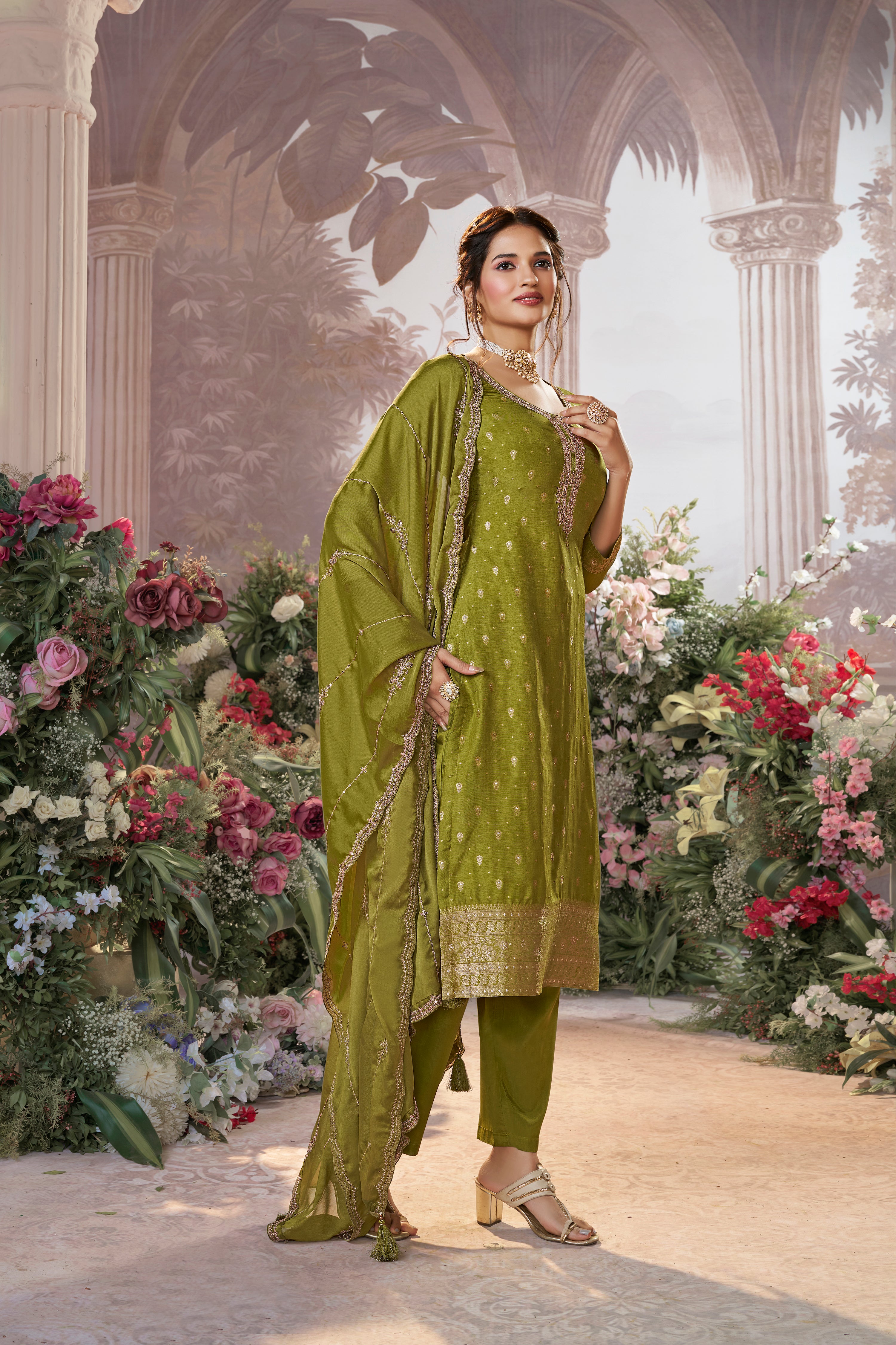 Olive Green Embellished Premium Silk Pant Set