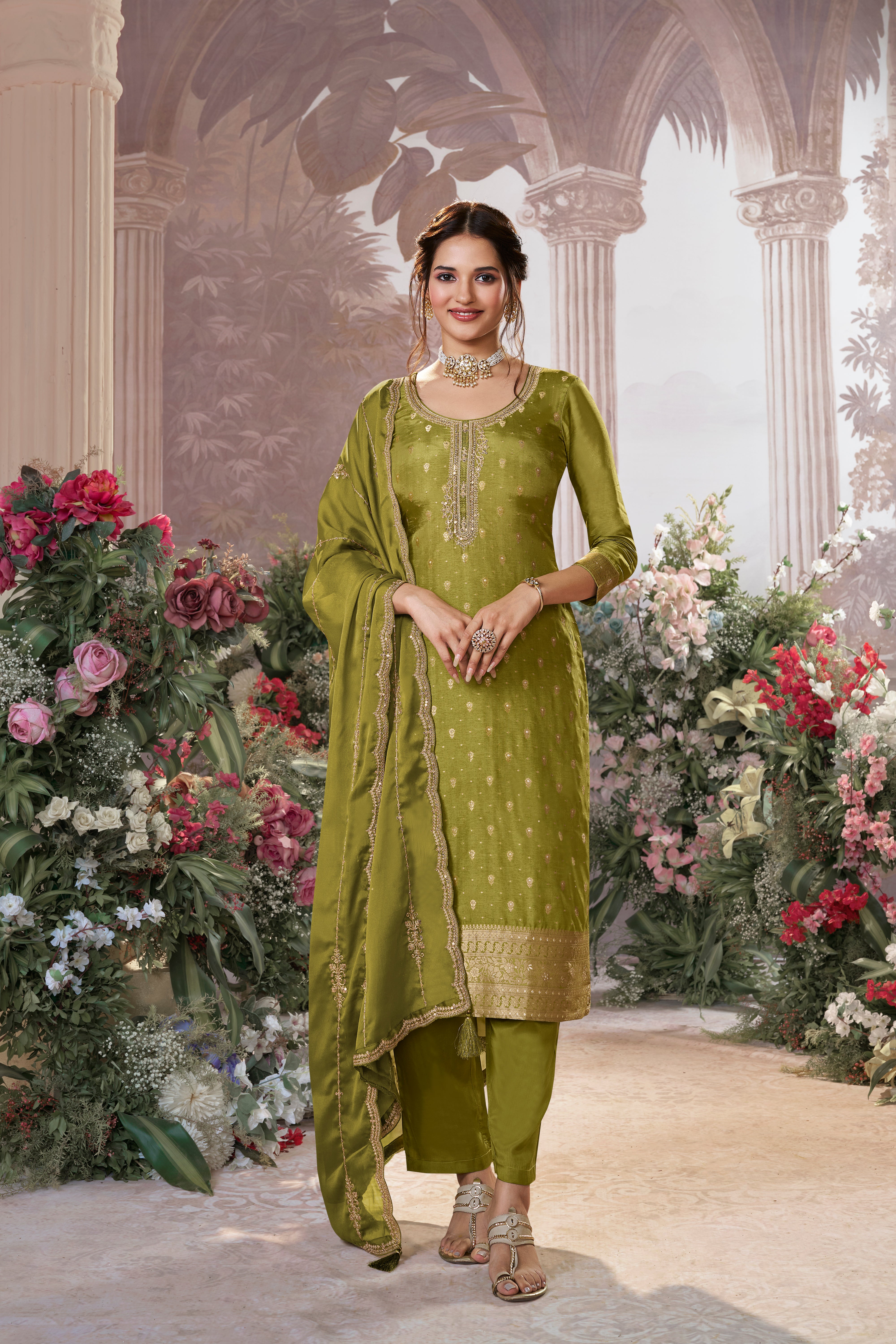 Olive Green Embellished Premium Silk Pant Set