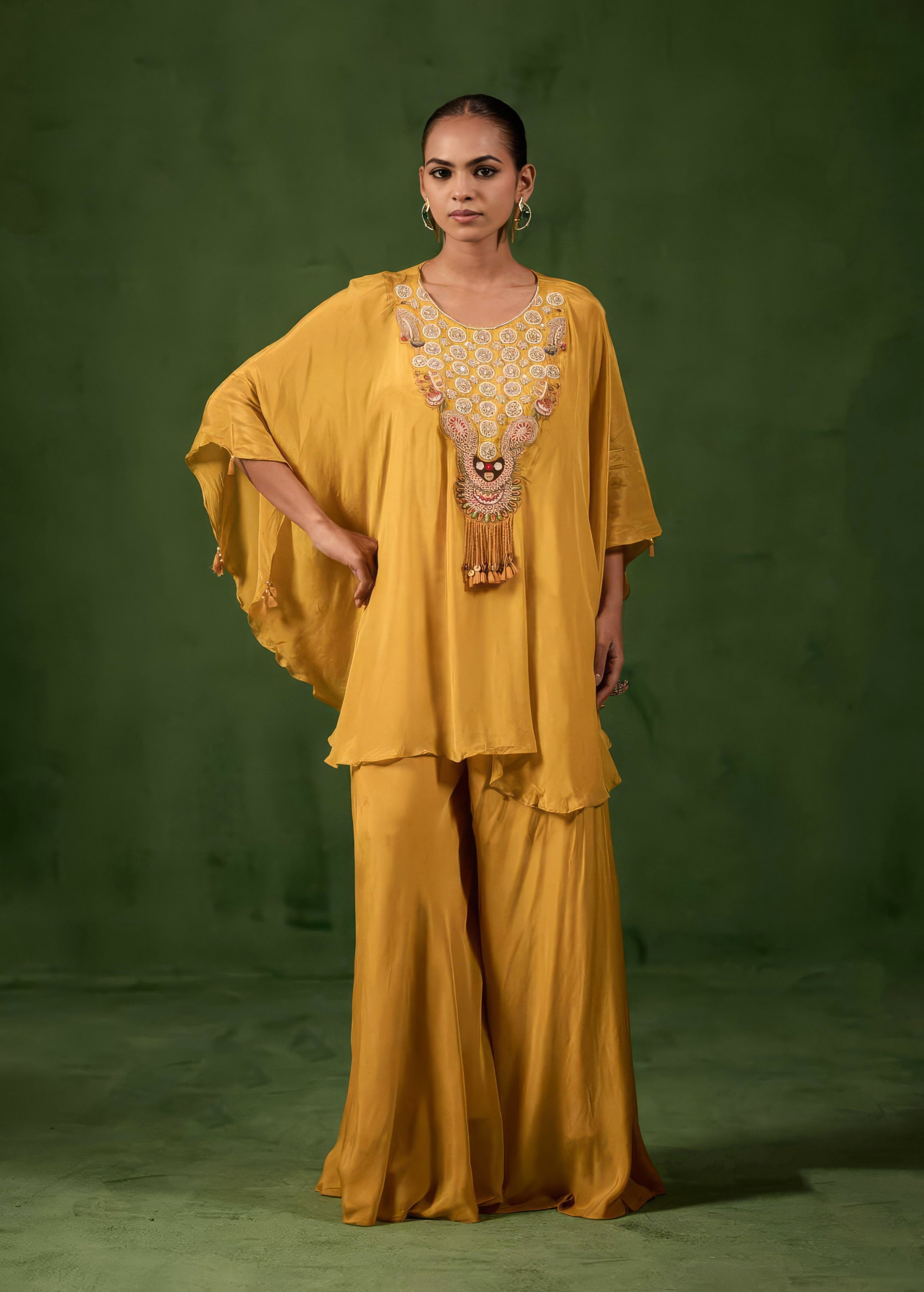 Golden Mustard Embellished Chinon Silk Kaftan Set