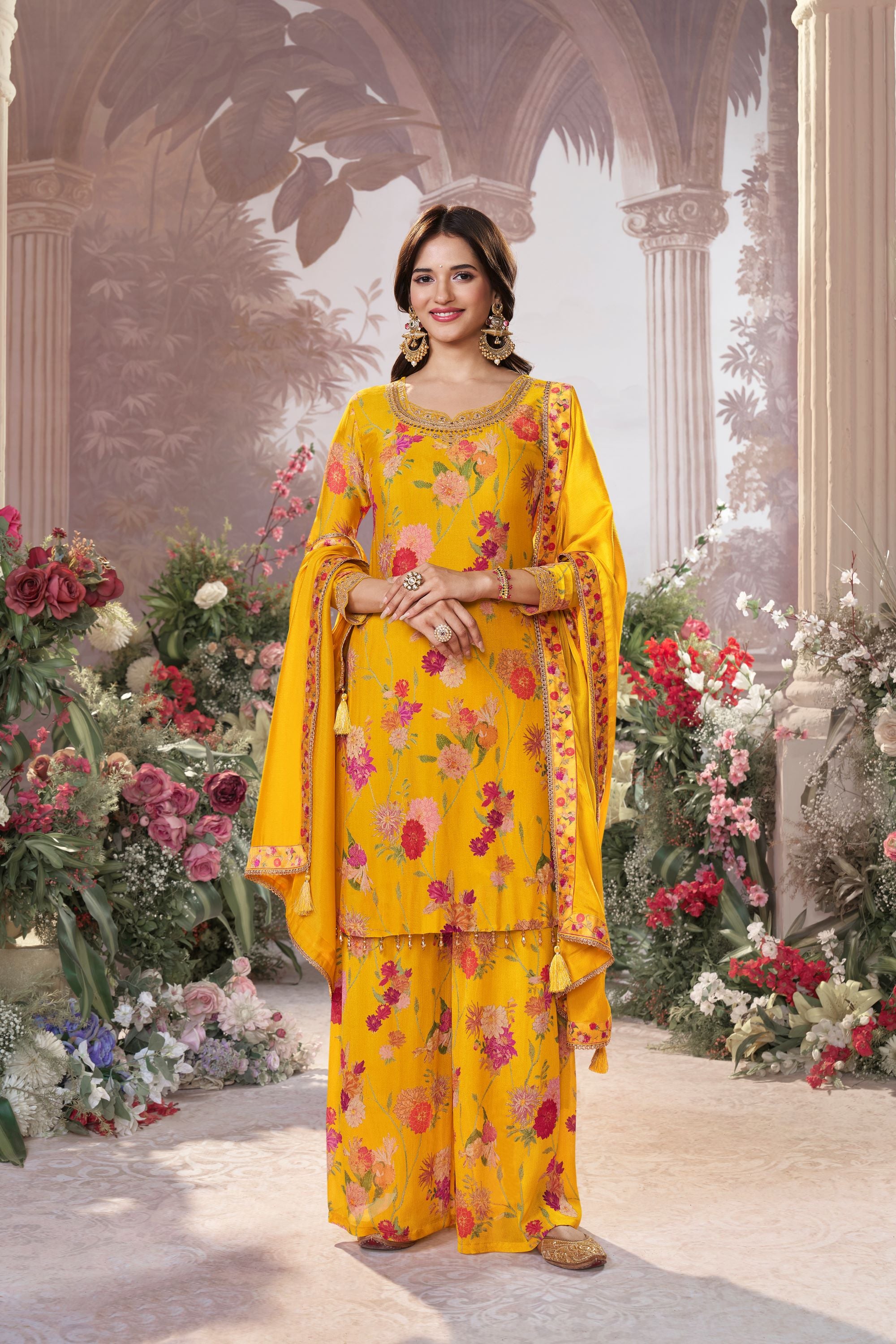 Yellow Floral Premium Silk Palazzo Set