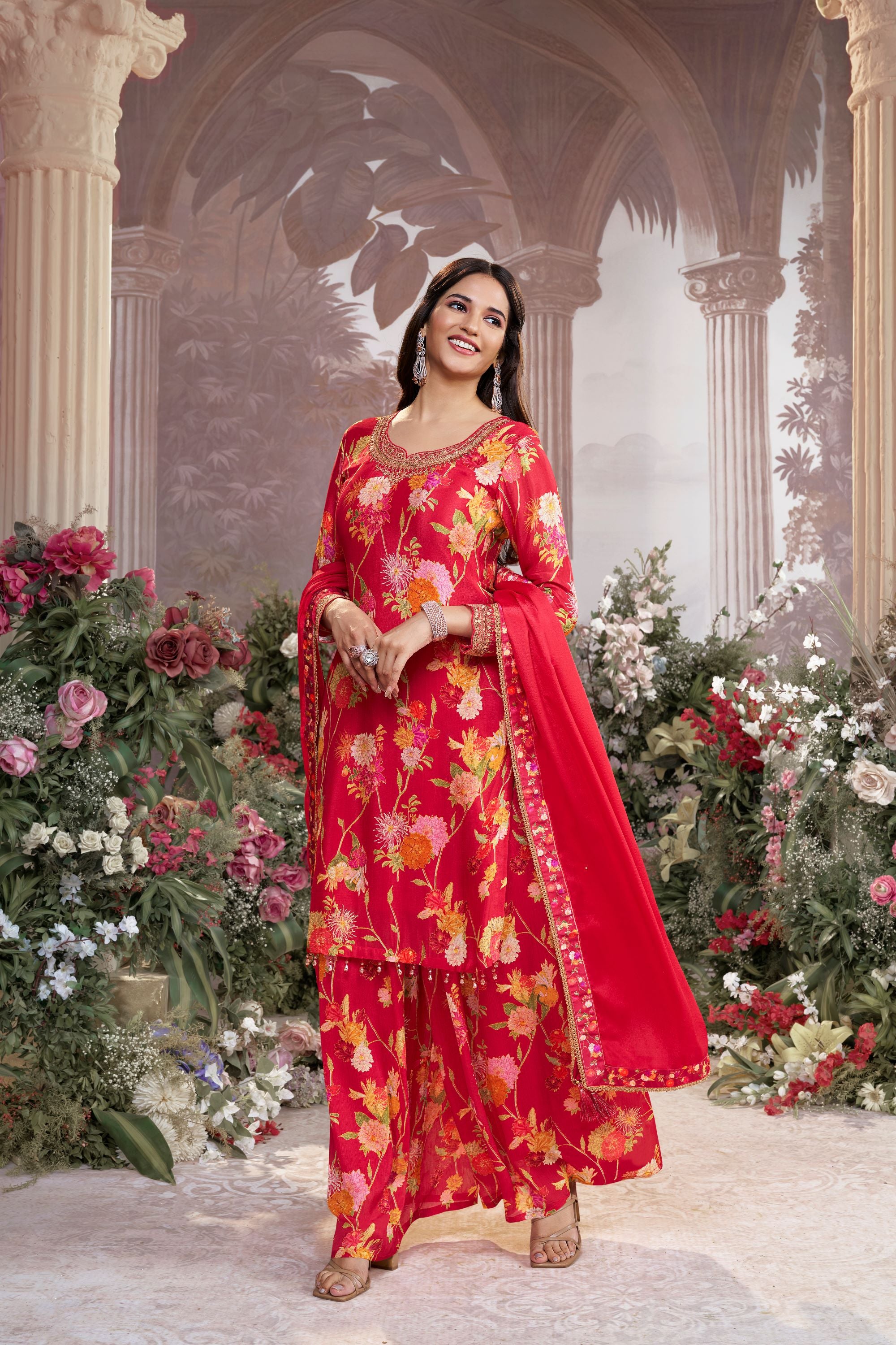 Red Floral Premium Silk Palazzo Set
