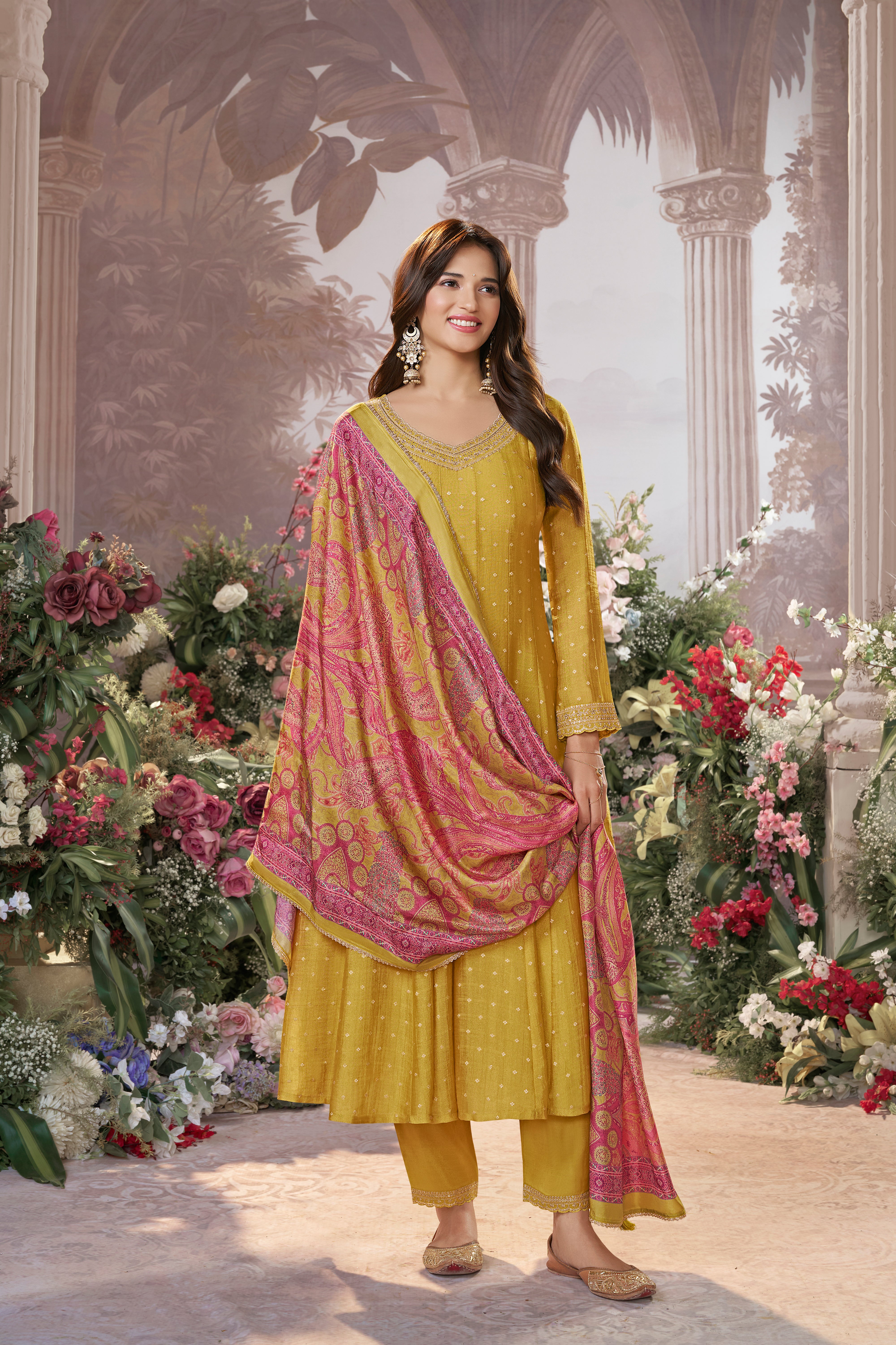 Bright Yellow Embellished Premium Silk Anarkali Set