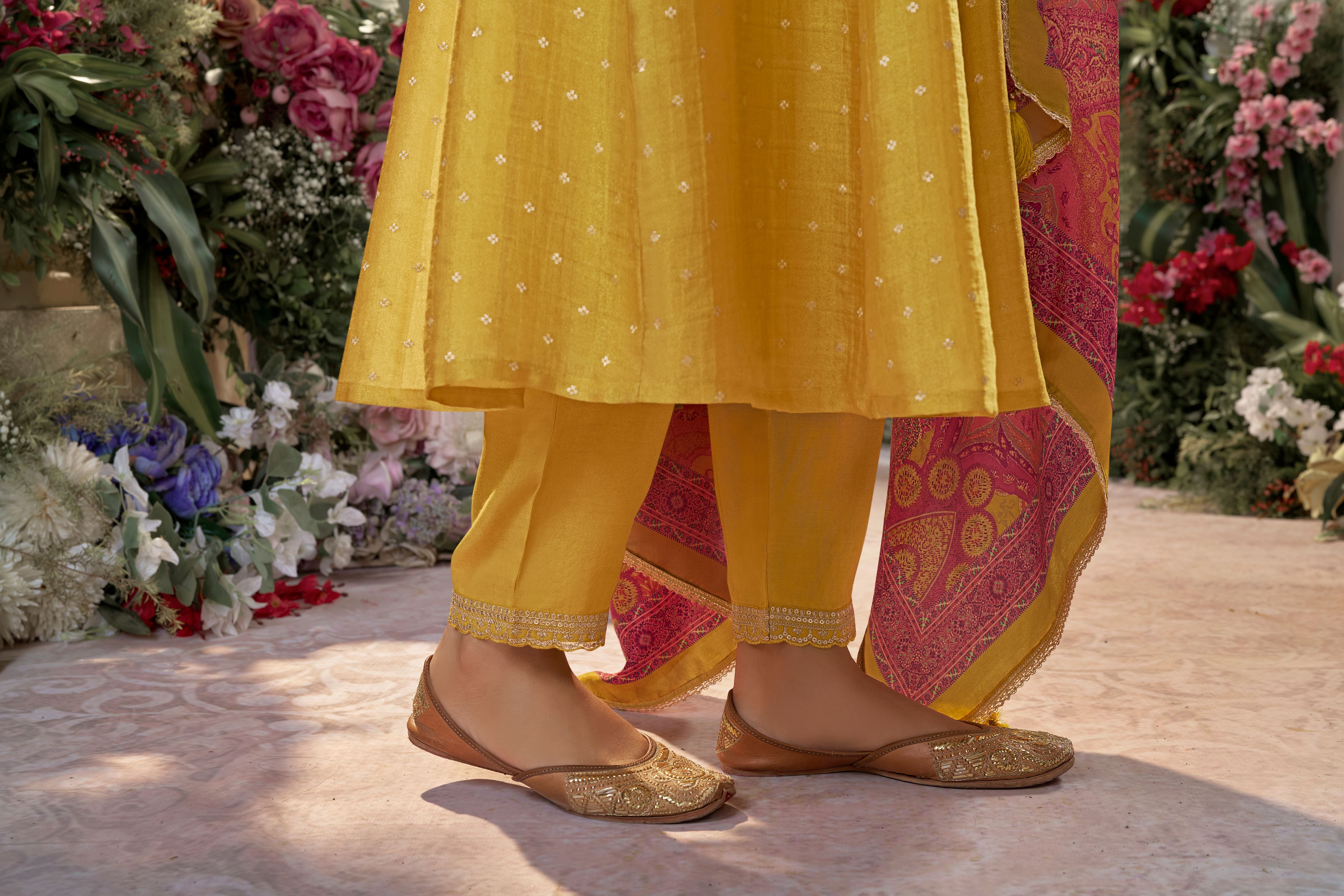 Bright Yellow Embellished Premium Silk Anarkali Set