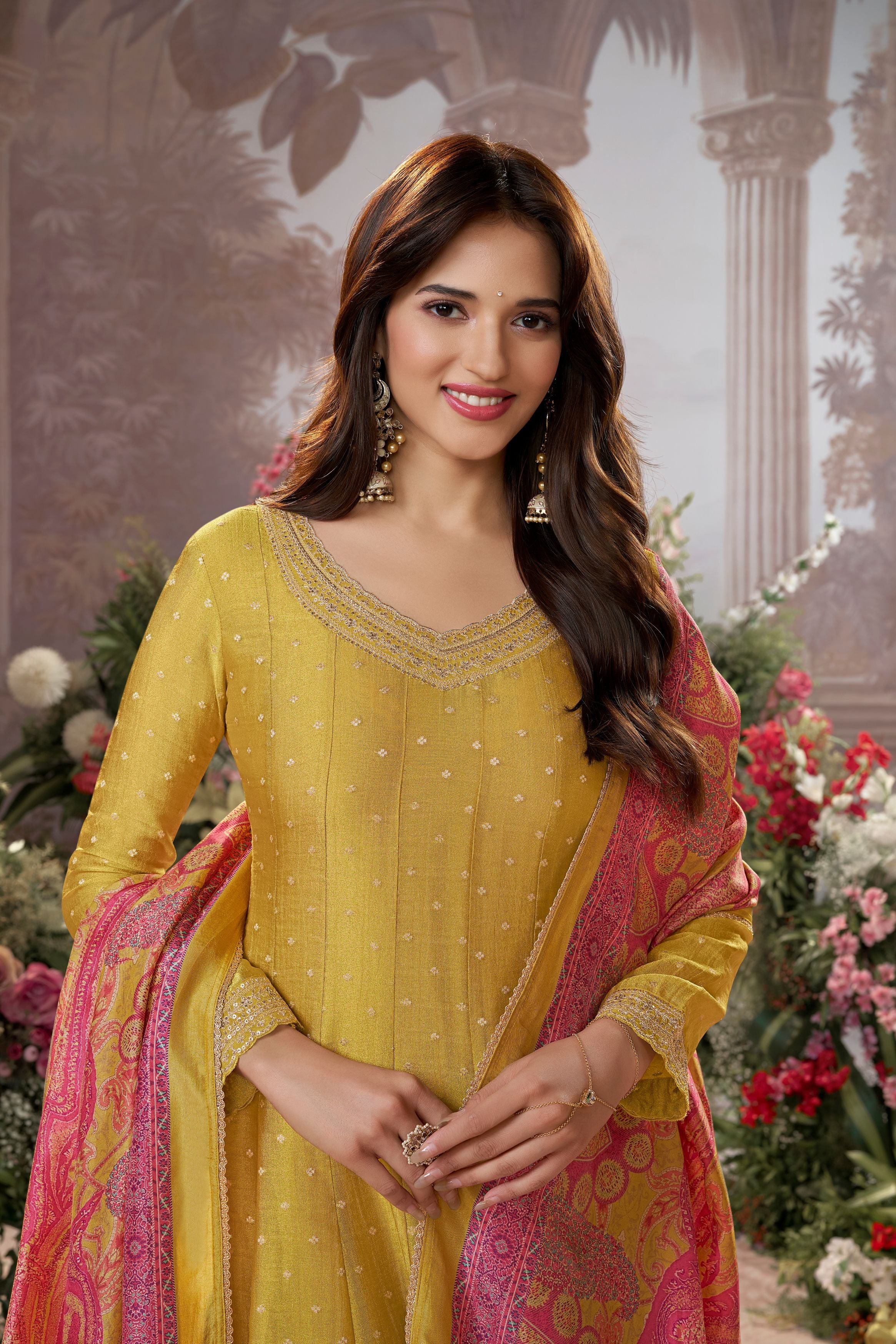 Bright Yellow Embellished Premium Silk Anarkali Set