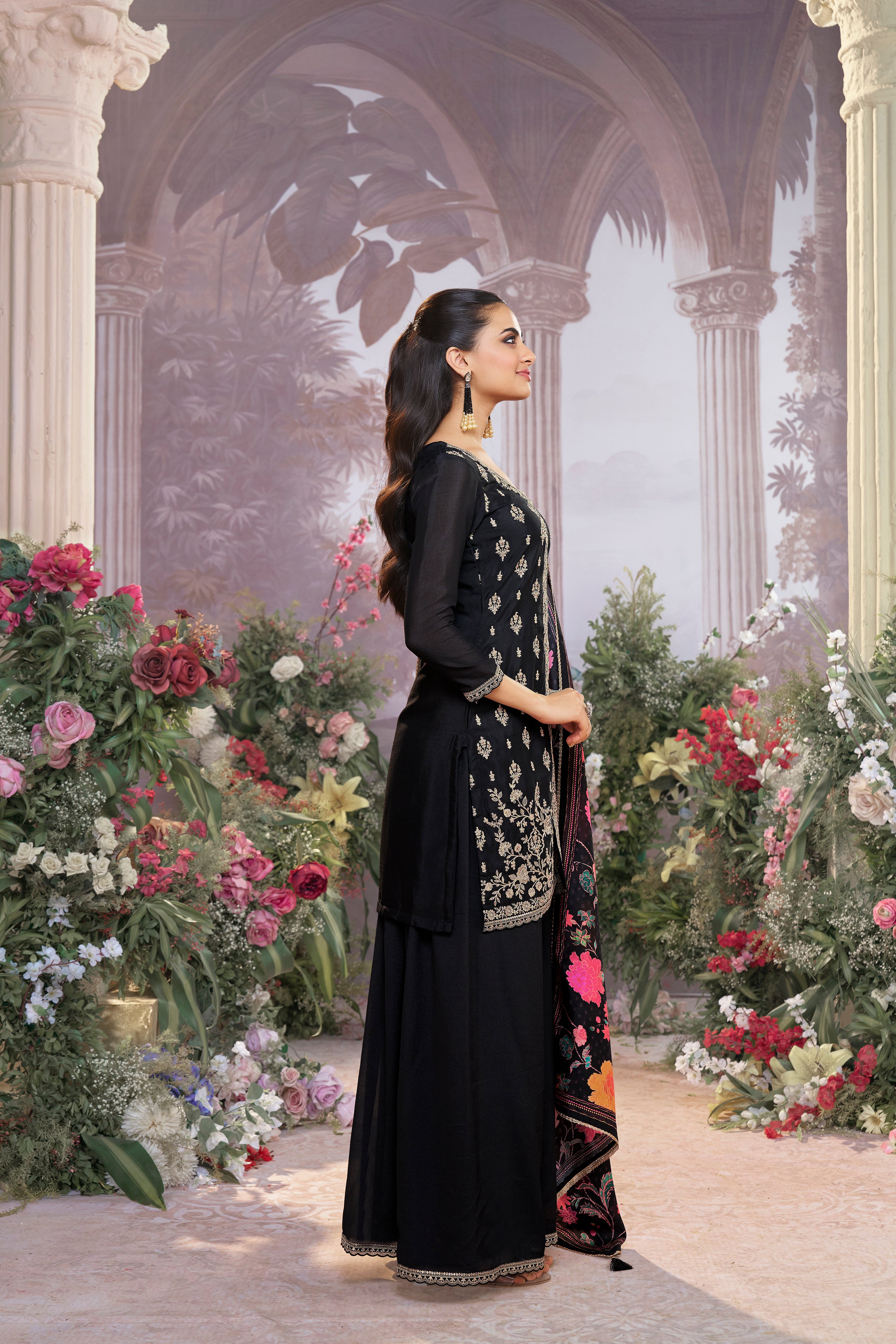 Deep Black Embellished Chinon Silk Palazzo Set