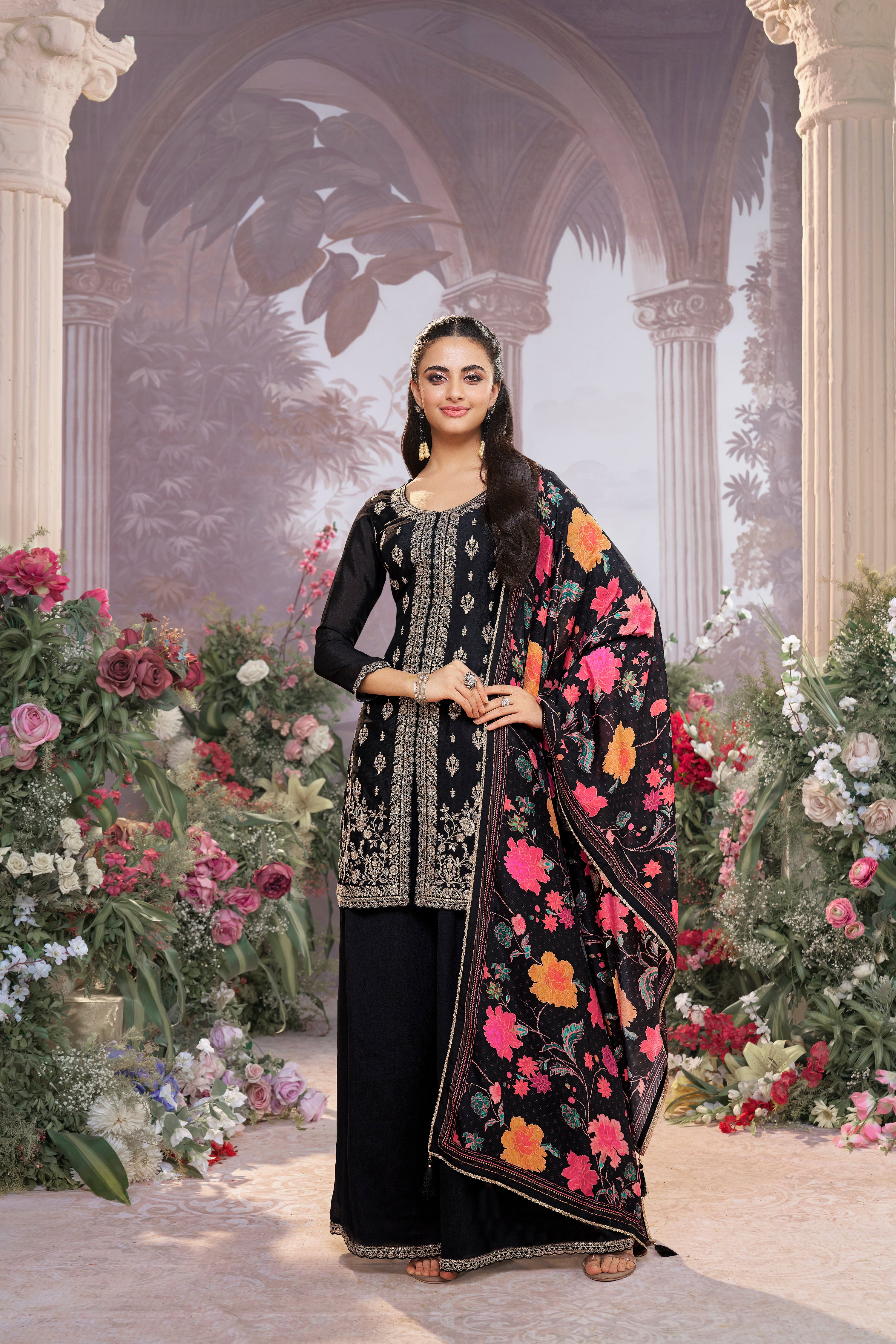 Deep Black Embellished Chinon Silk Palazzo Set