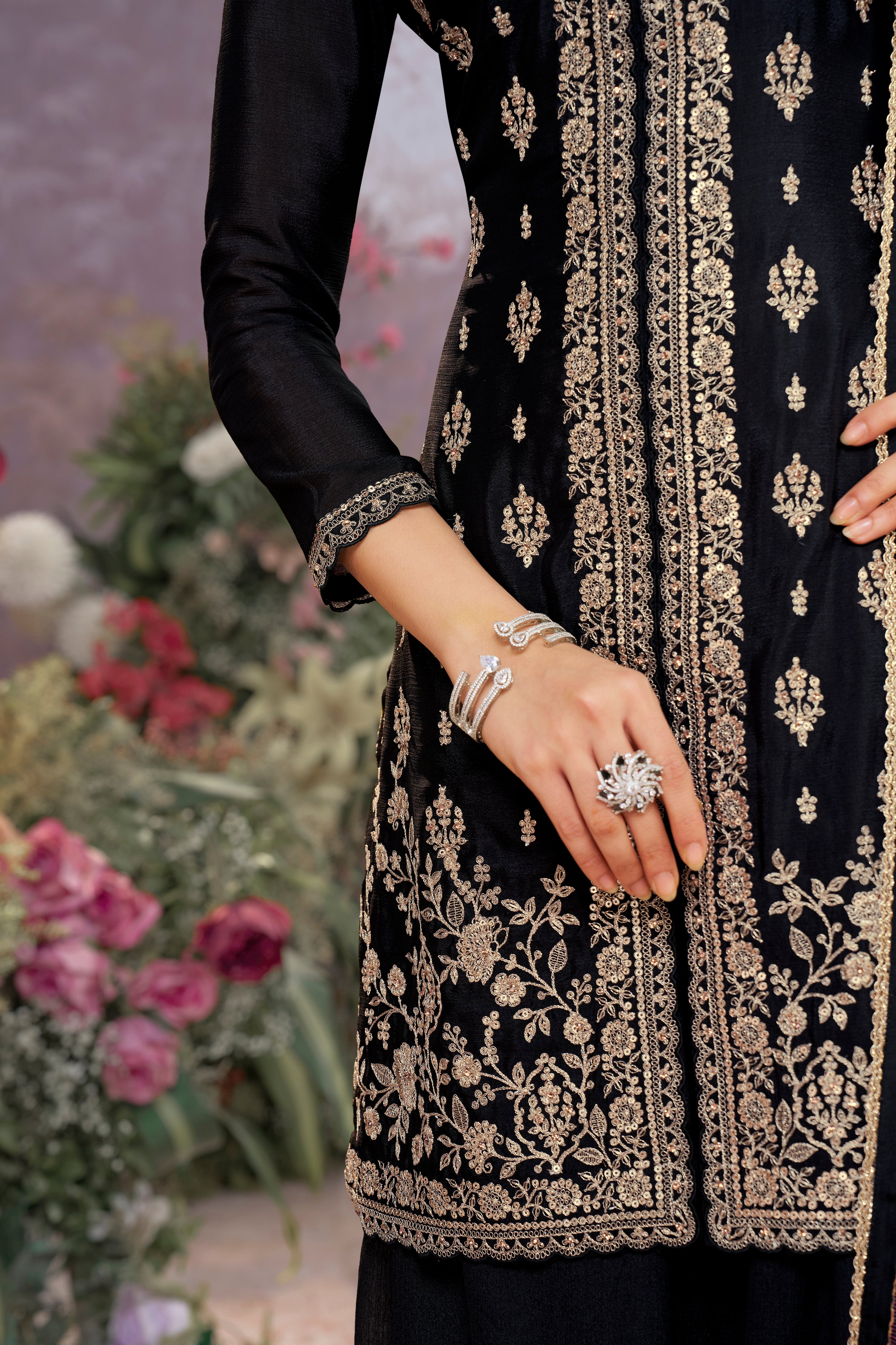 Deep Black Embellished Chinon Silk Palazzo Set