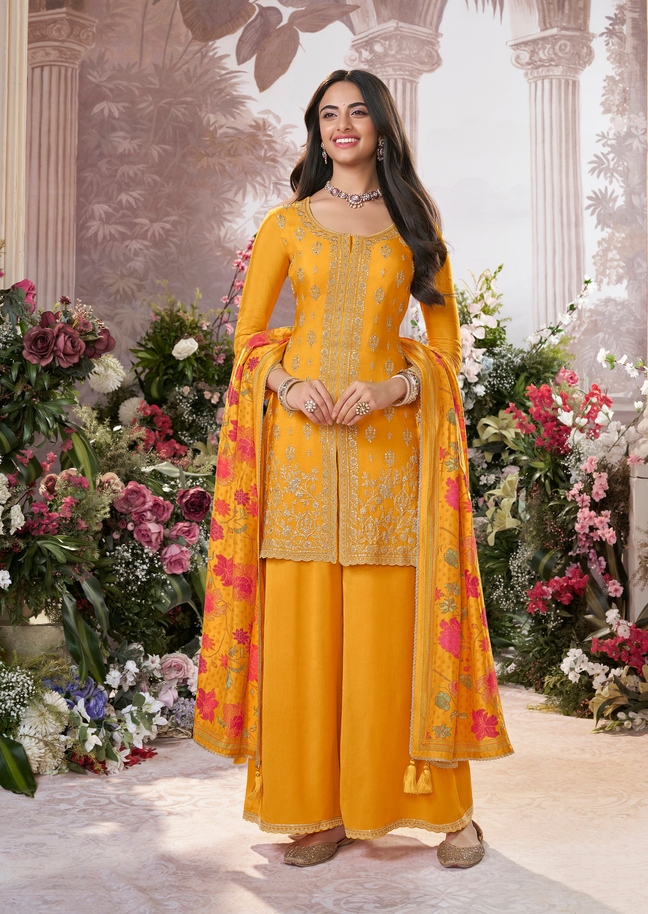 Bright Yellow Embellished Premium Silk Palazzo Set