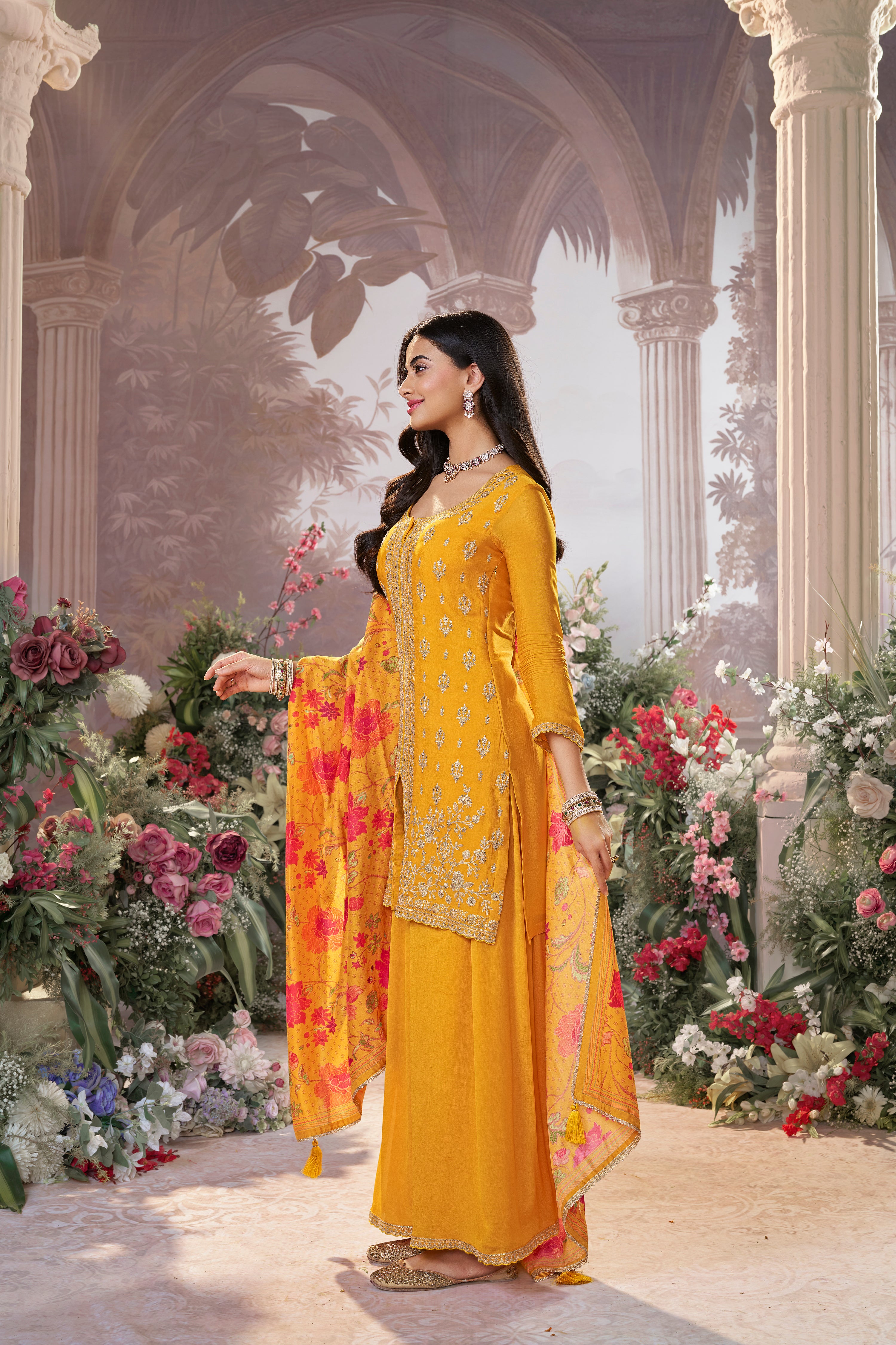 Bright Yellow Embellished Premium Silk Palazzo Set