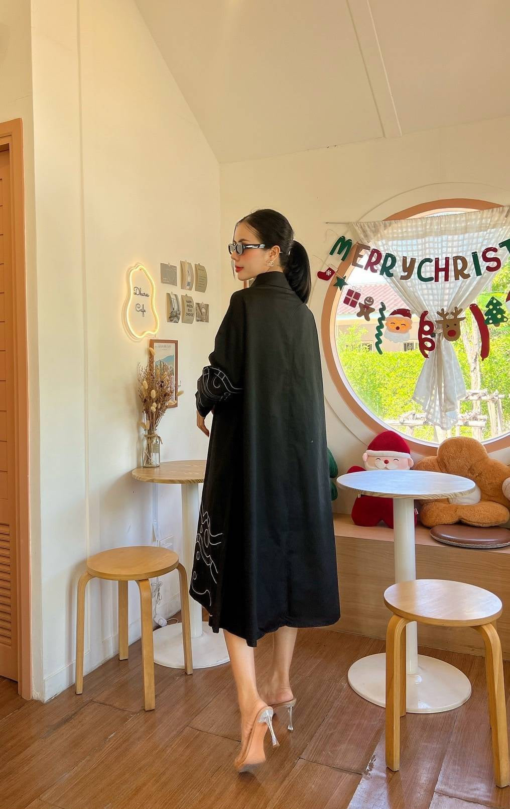 Hot Black Geometric Embroidery Cotton Tunic Dress