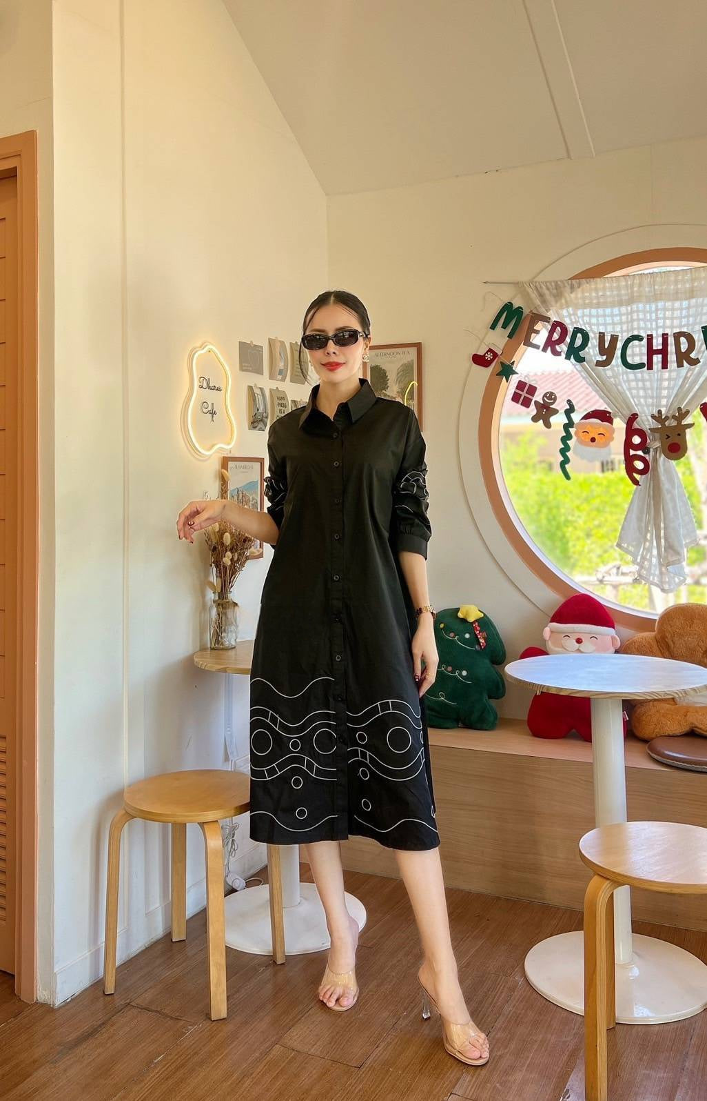 Hot Black Geometric Embroidery Cotton Tunic Dress