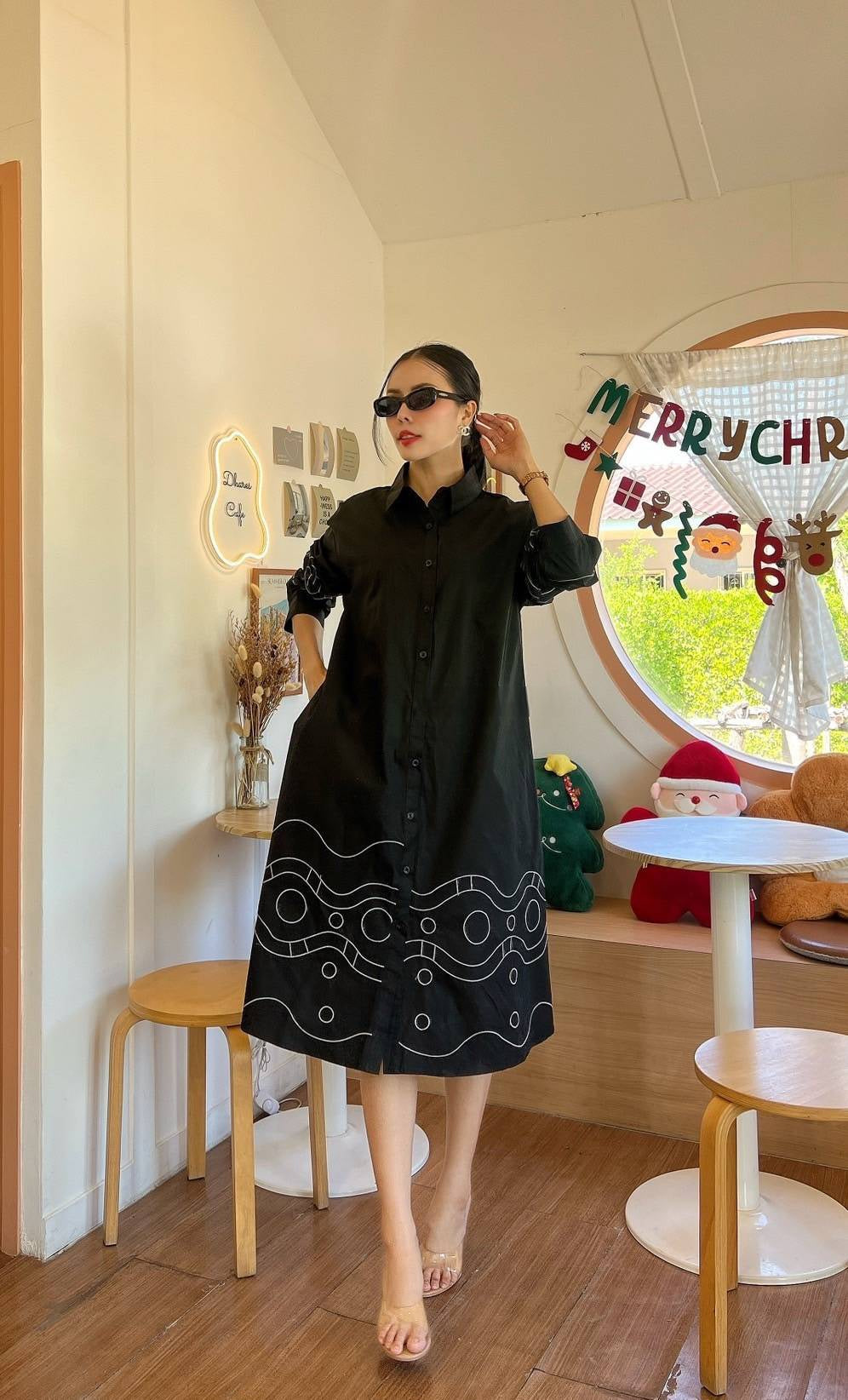 Hot Black Geometric Embroidery Cotton Tunic Dress