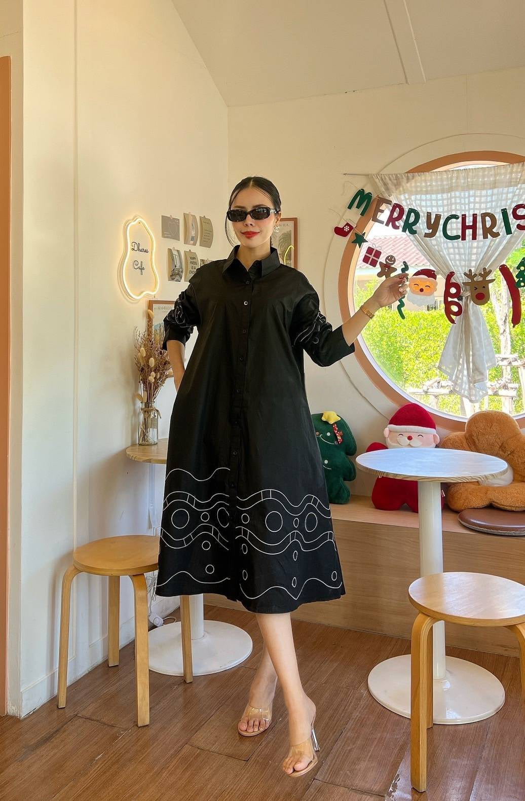 Hot Black Geometric Embroidery Cotton Tunic Dress