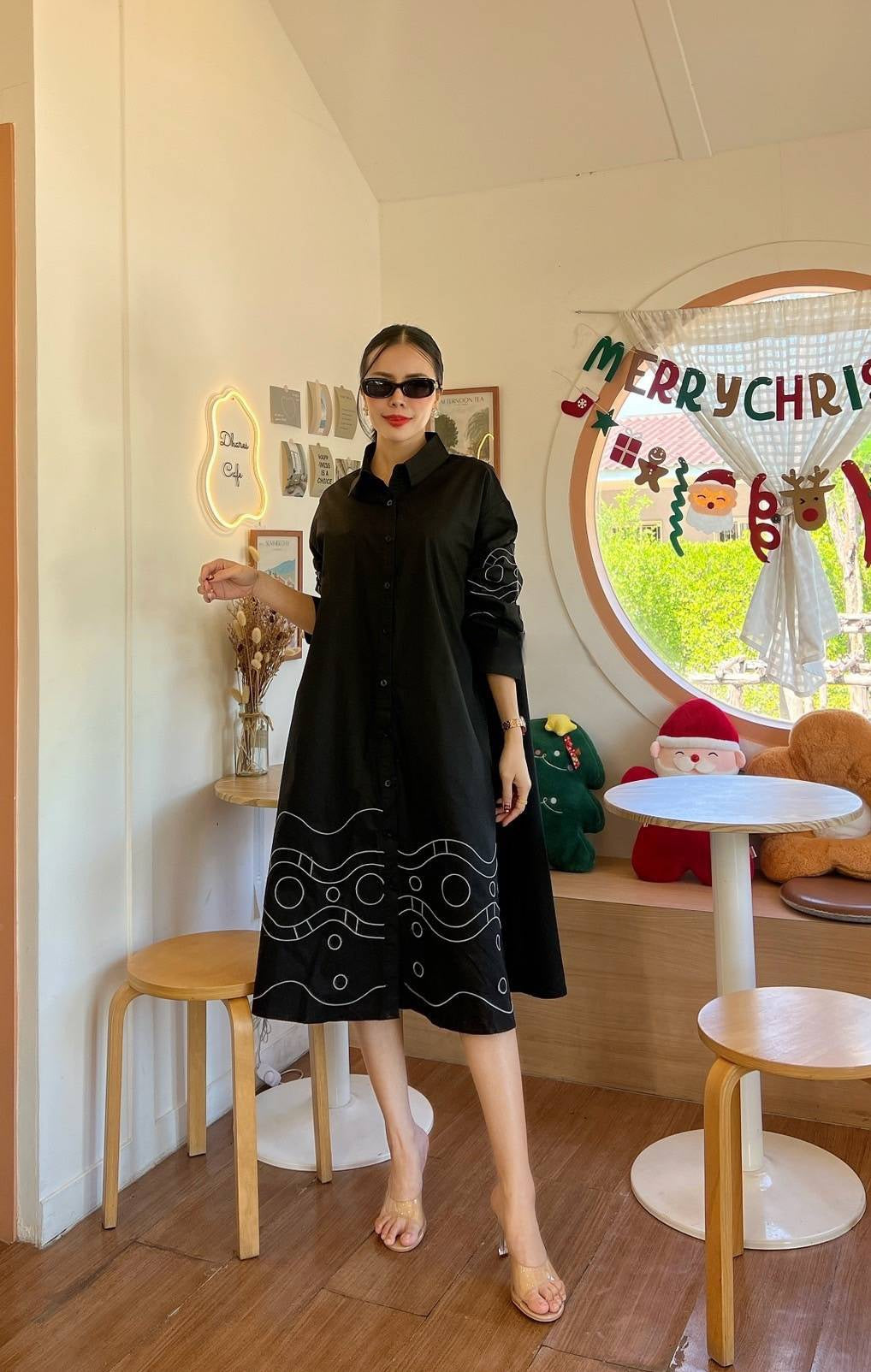 Hot Black Geometric Embroidery Cotton Tunic Dress