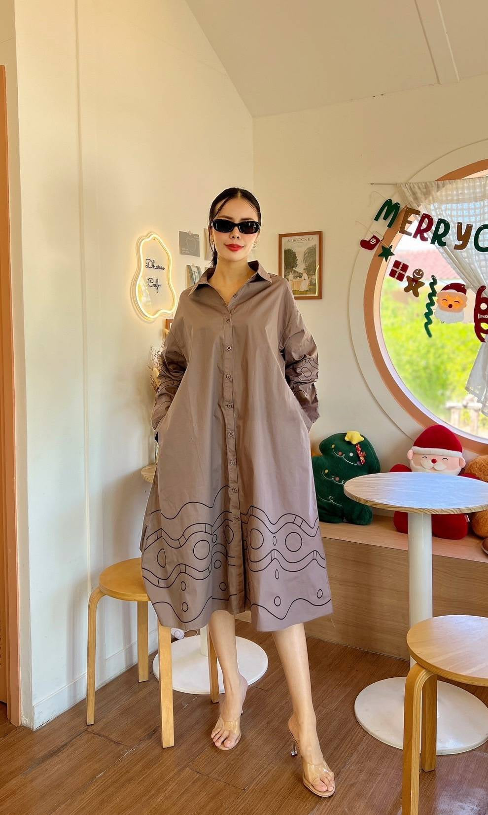 Taupe Brown Geometric Embroidery Cotton Tunic Dress