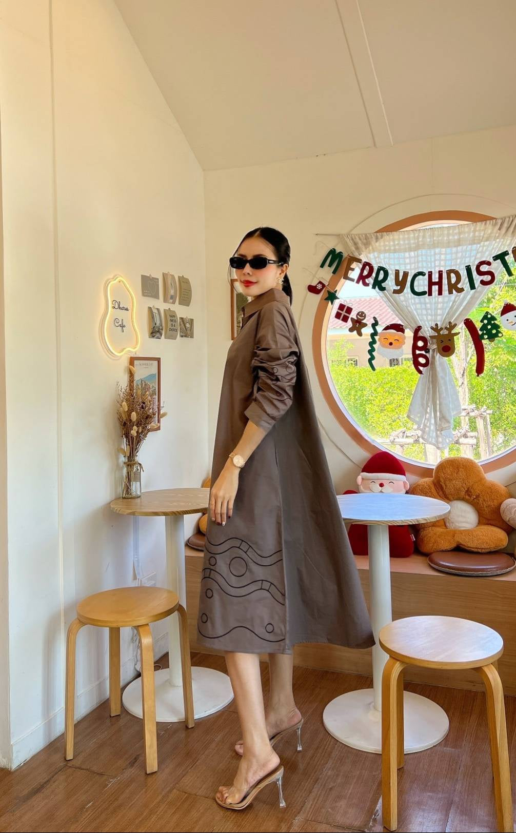 Taupe Brown Geometric Embroidery Cotton Tunic Dress