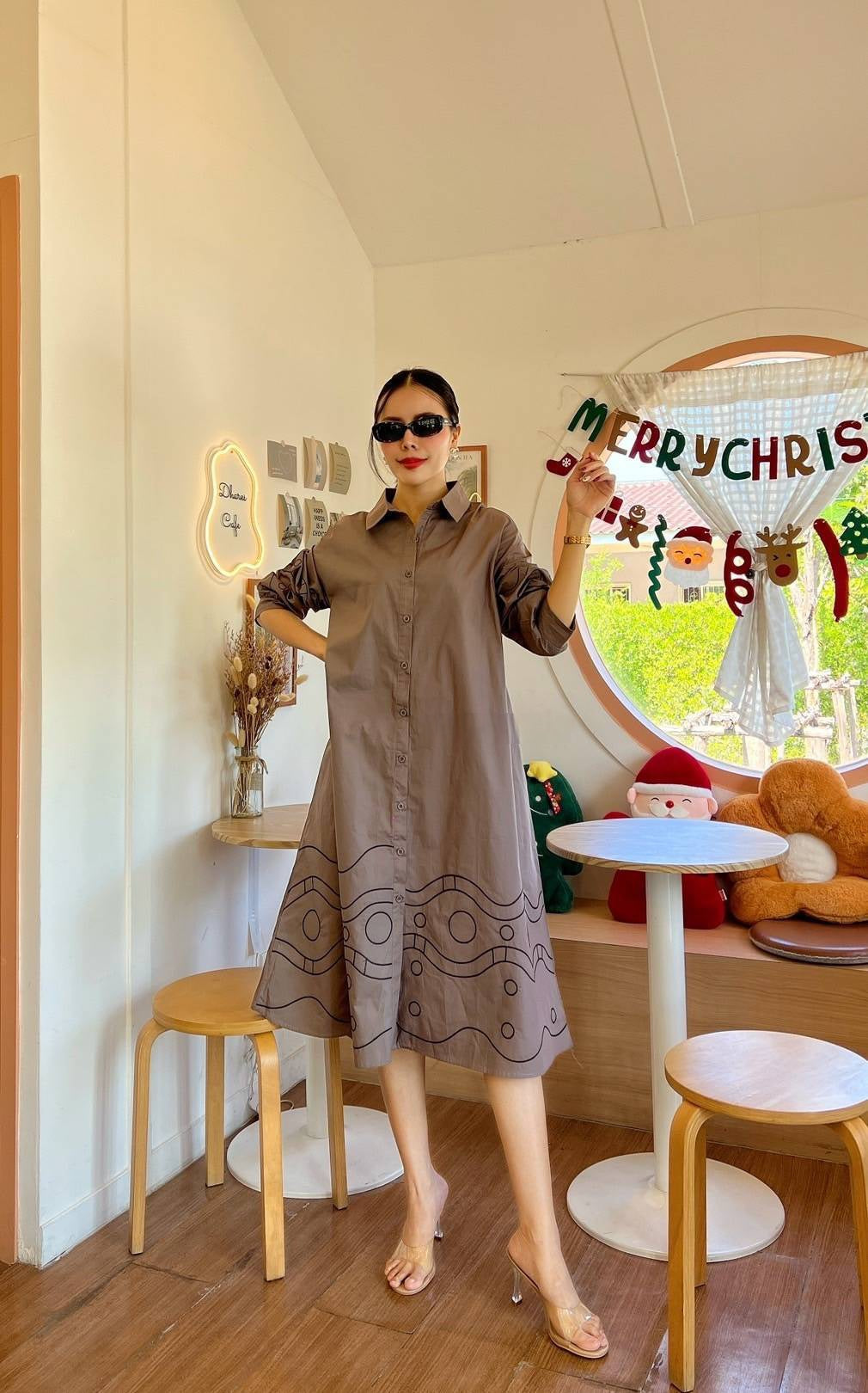 Taupe Brown Geometric Embroidery Cotton Tunic Dress