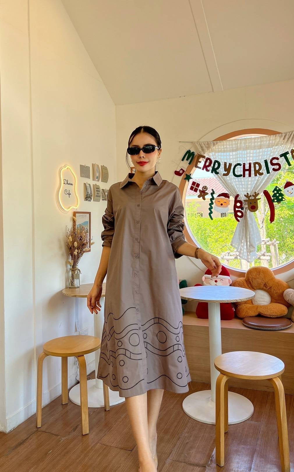 Taupe Brown Geometric Embroidery Cotton Tunic Dress