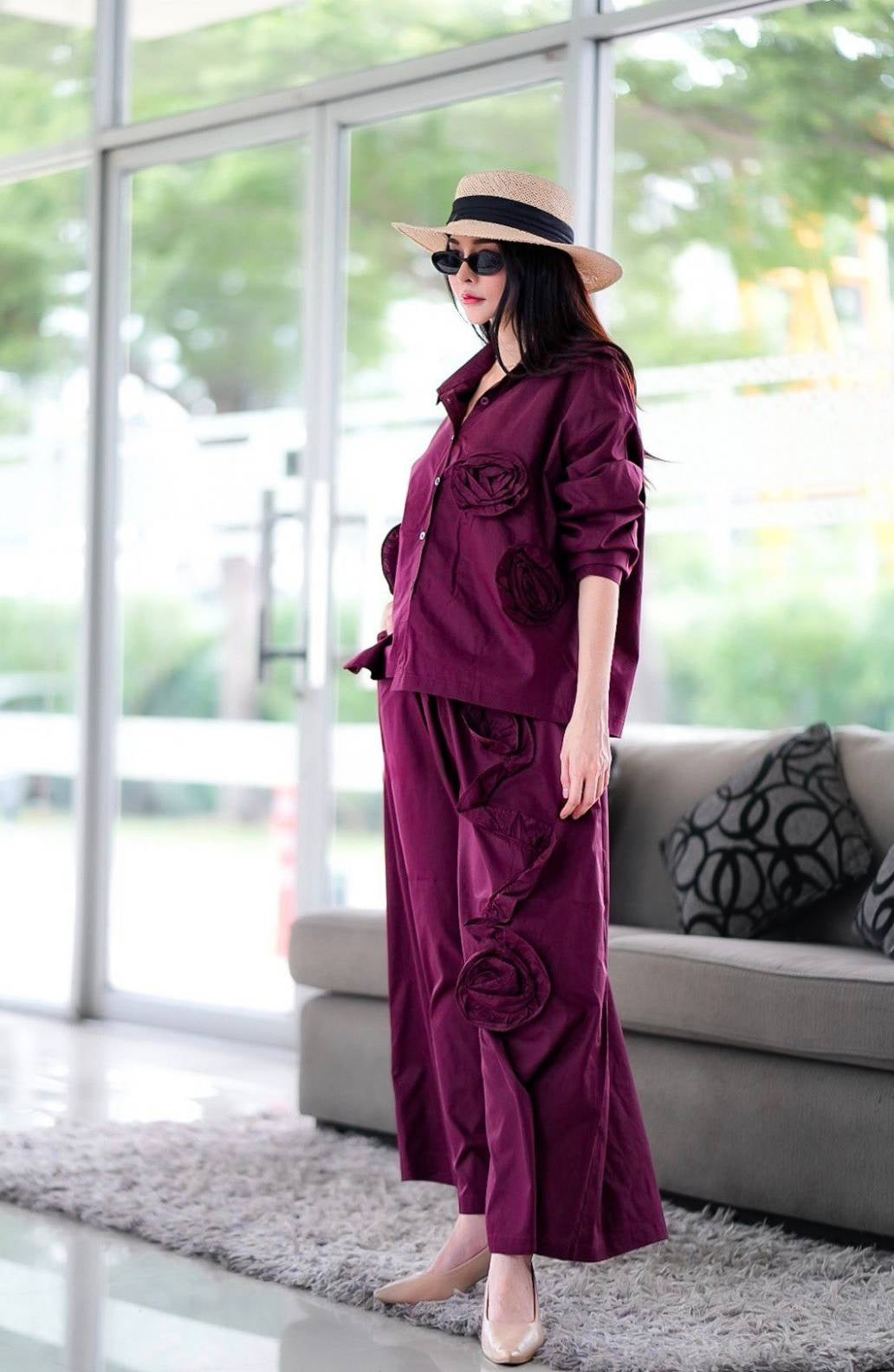 Deep Wine 3D Fabric Flower Applique Co-Ord Set