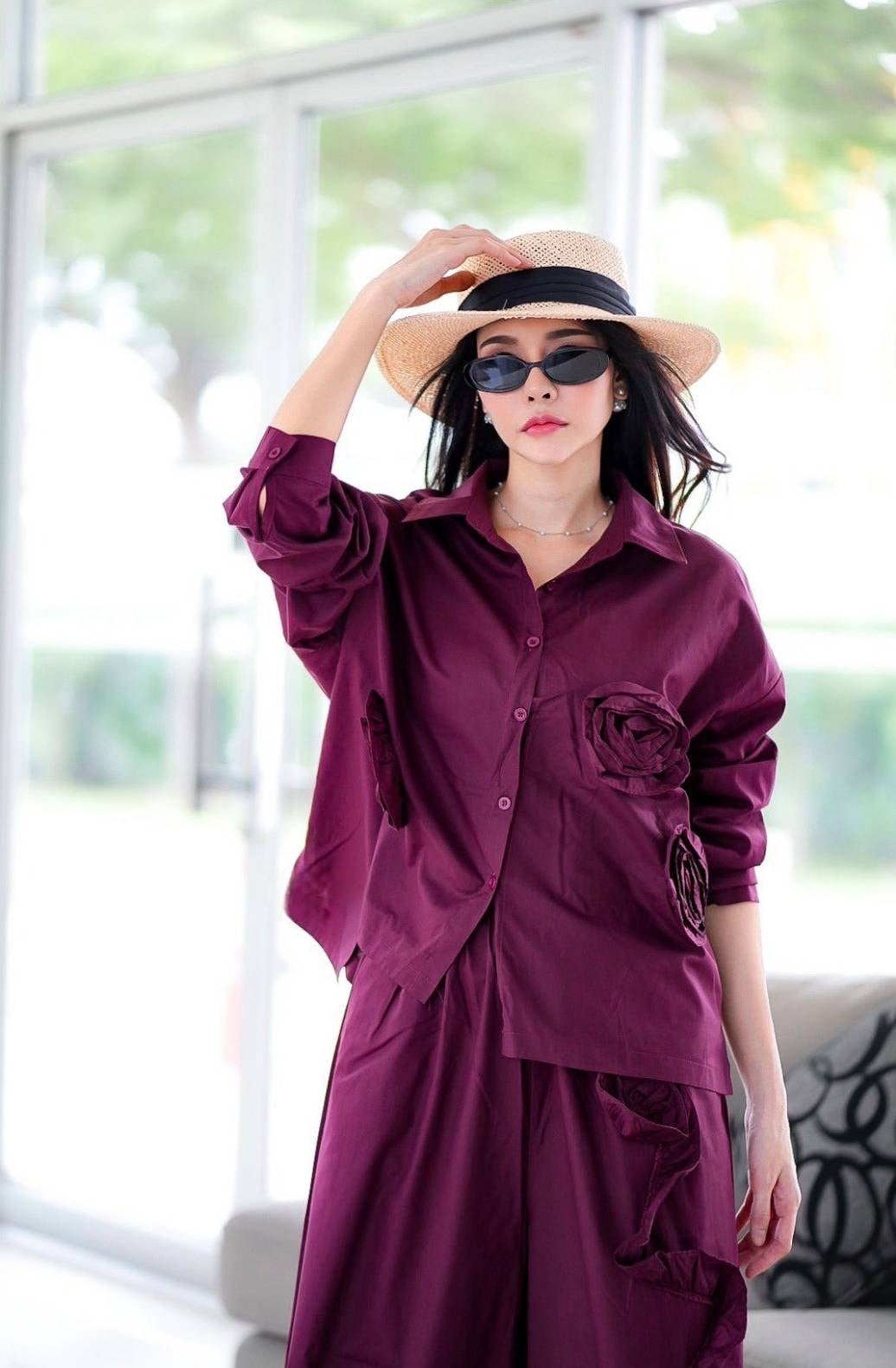 Deep Wine 3D Fabric Flower Applique Co-Ord Set