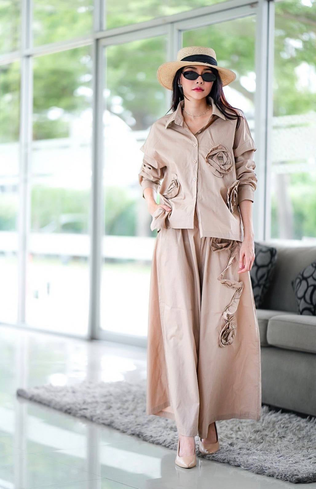 Light Beige 3D Fabric Flower Applique Co-Ord Set