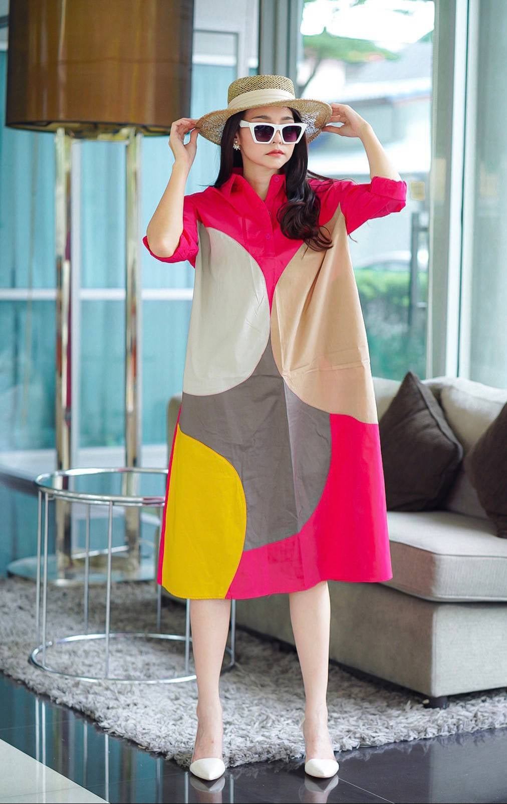 Hot Pink Printed Cotton Blend Tunic Dress