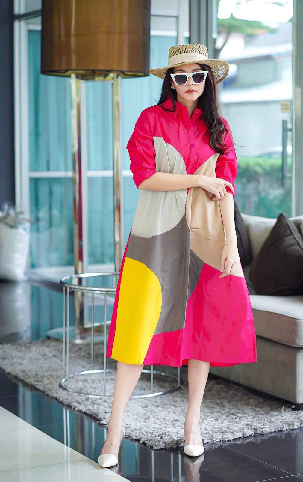 Hot Pink Printed Cotton Blend Tunic Dress