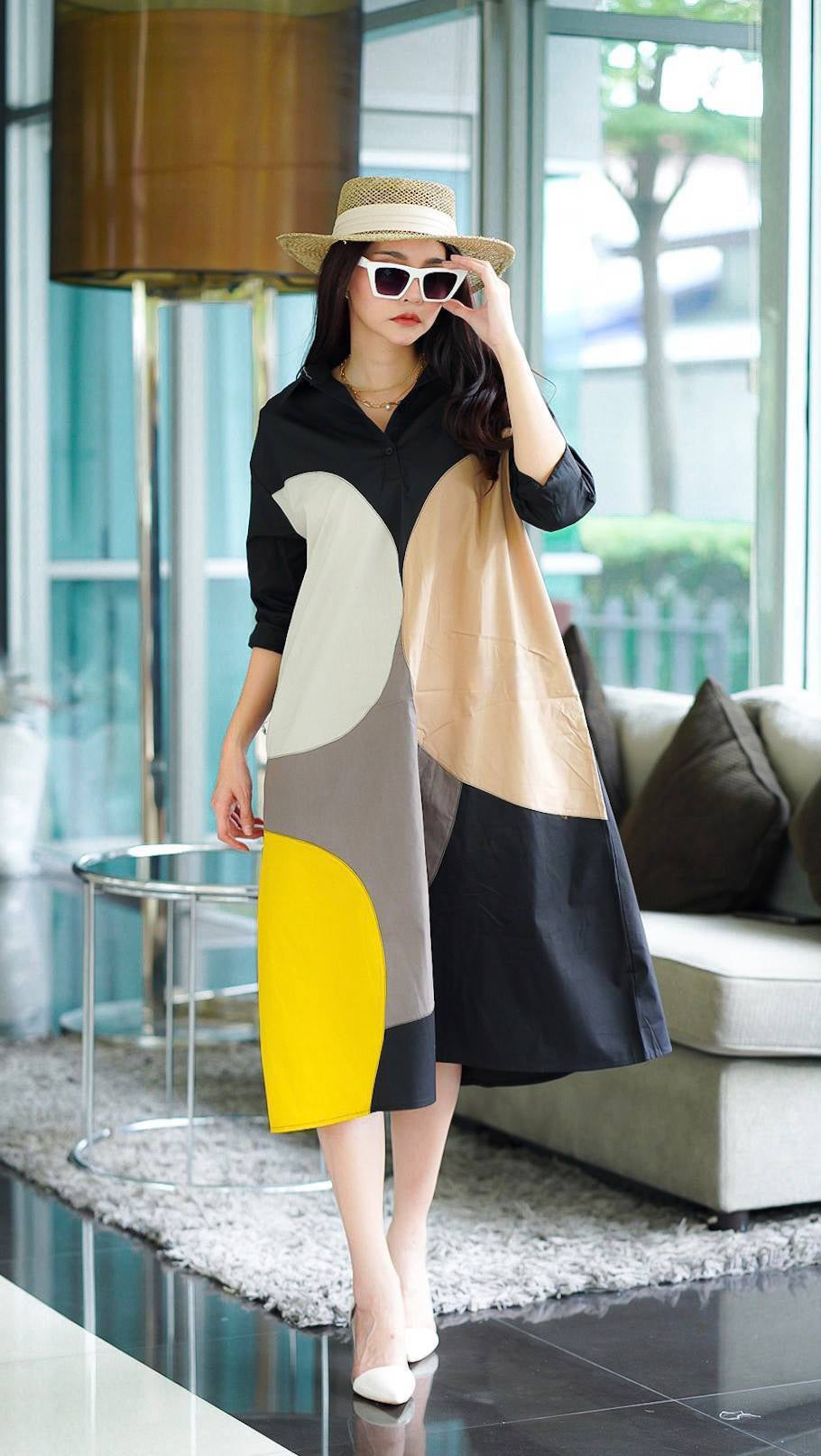 Jet Black Printed Cotton Blend Tunic Dress