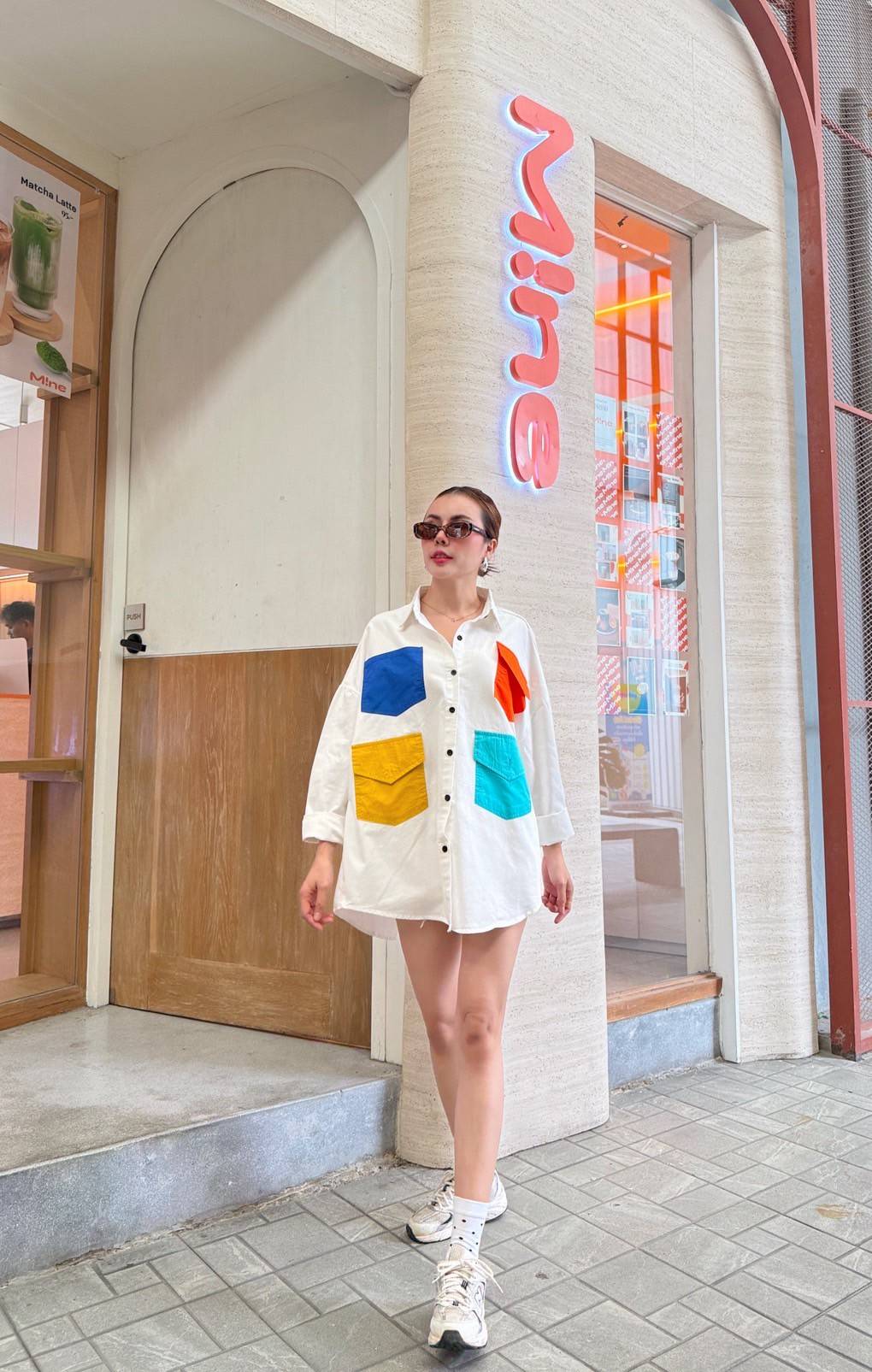 White Printed Denim Twill Shirt Style Top