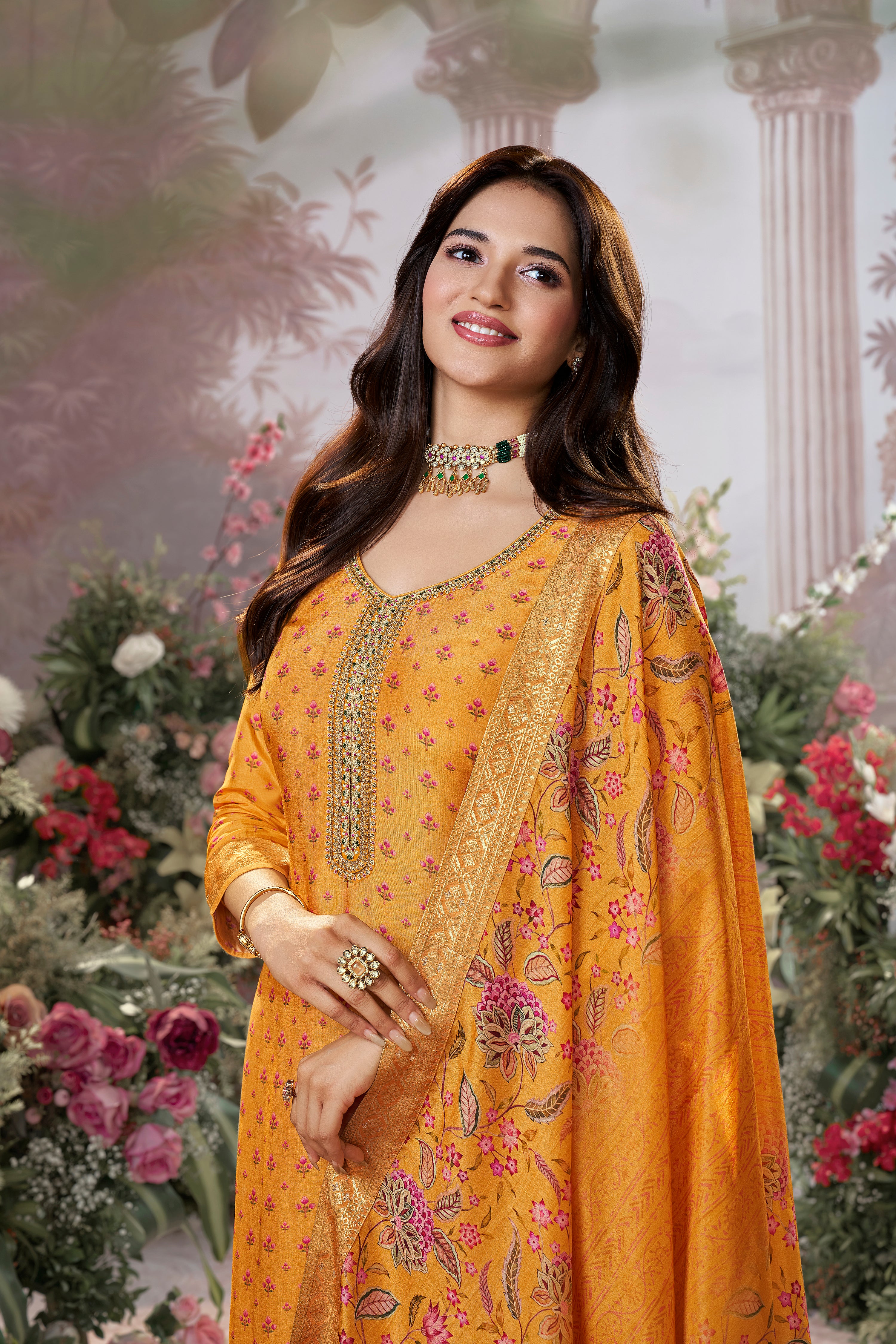 Mustard Yellow Embellished Premium Silk Pant Set